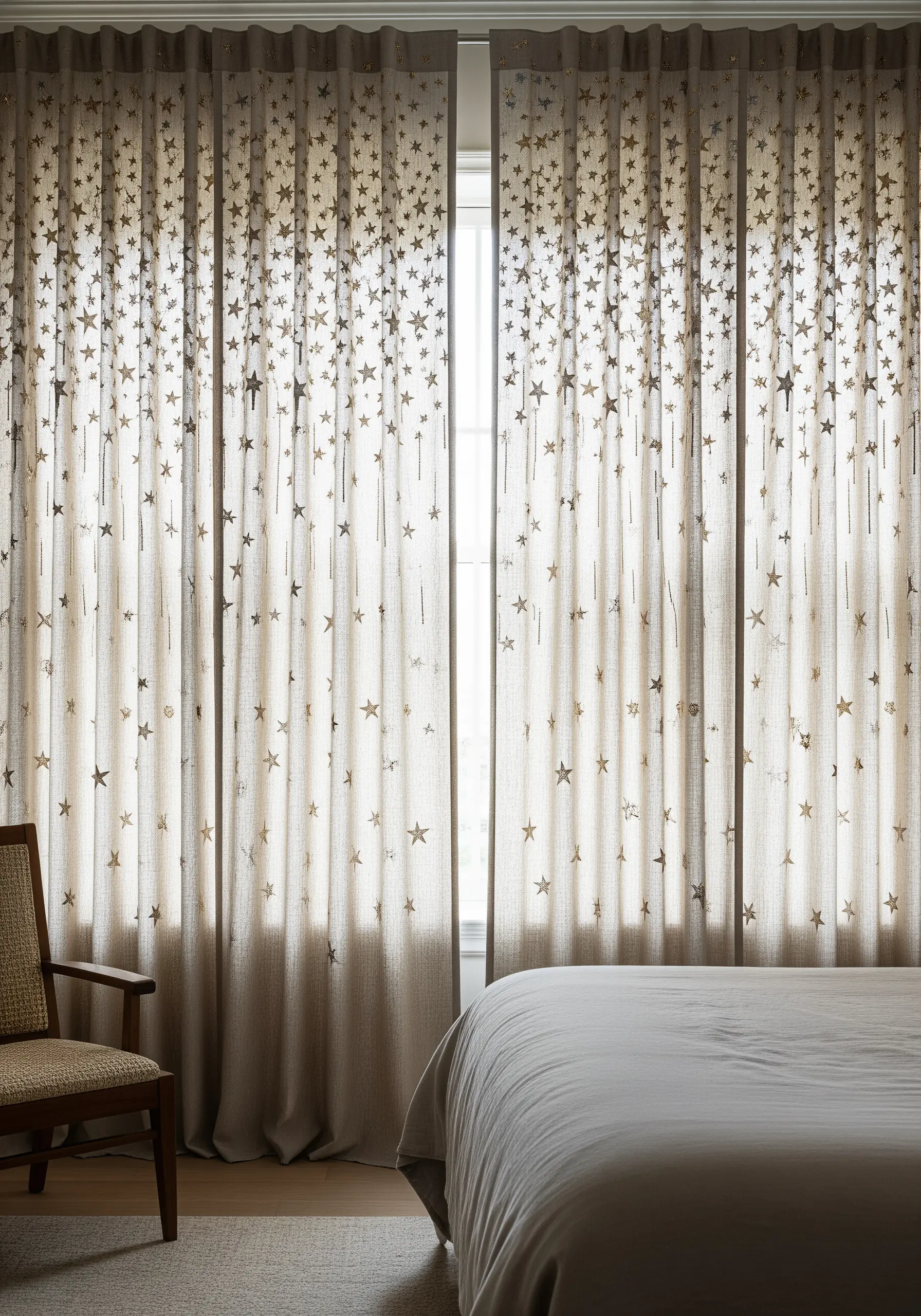 Light-colored curtains with a cascading gradient of small embroidered gold stars.