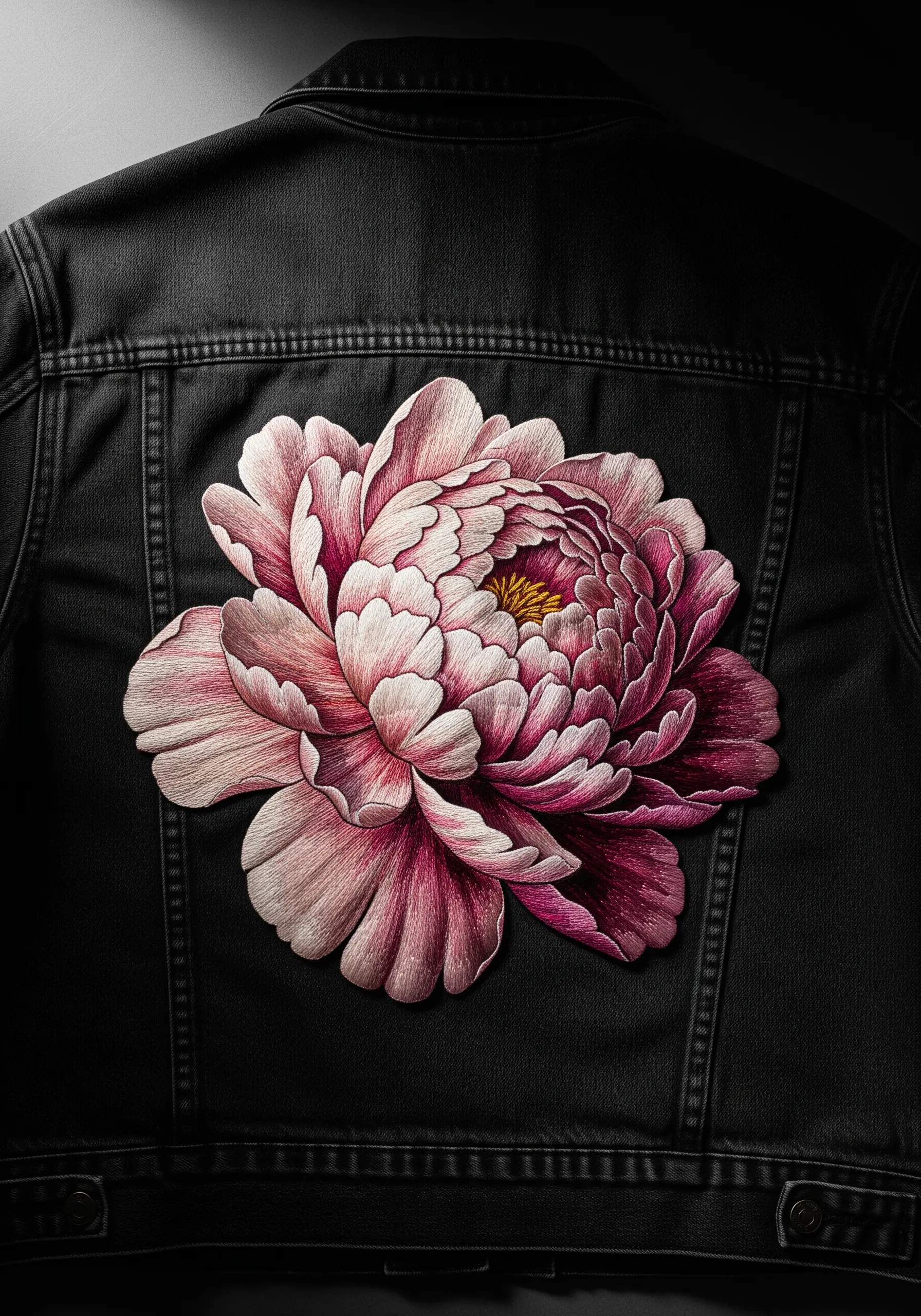 Large, photorealistic pink peony embroidered on the back of a black denim jacket.