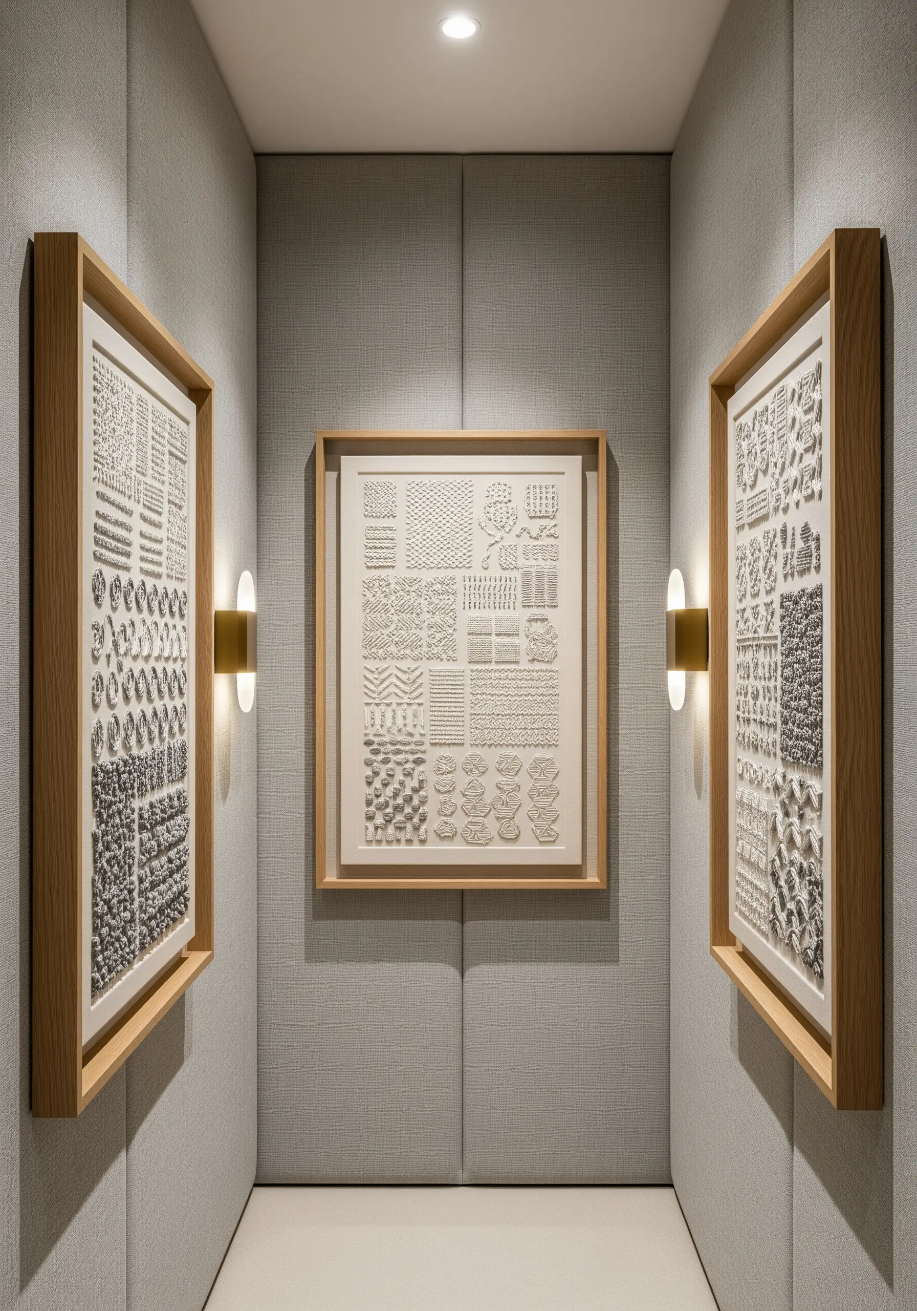 Three framed, all-white embroidery samplers showcasing a wide variety of textural stitches.