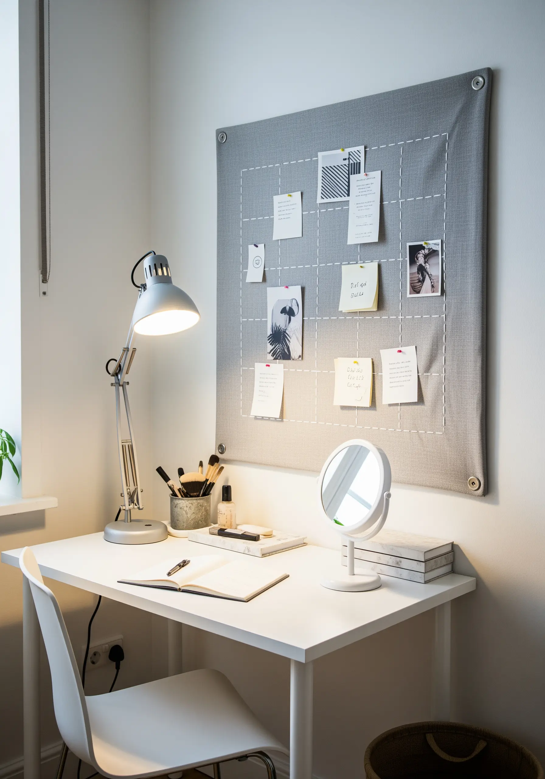 A grey linen memo board with a hand-stitched white grid, used for pinning notes and photos.