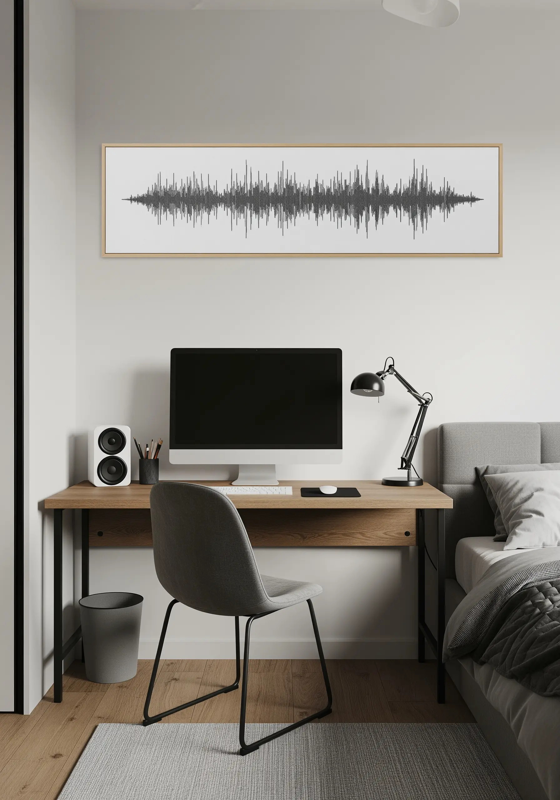 A long, framed embroidery of a soundwave, stitched in black thread on a white background.