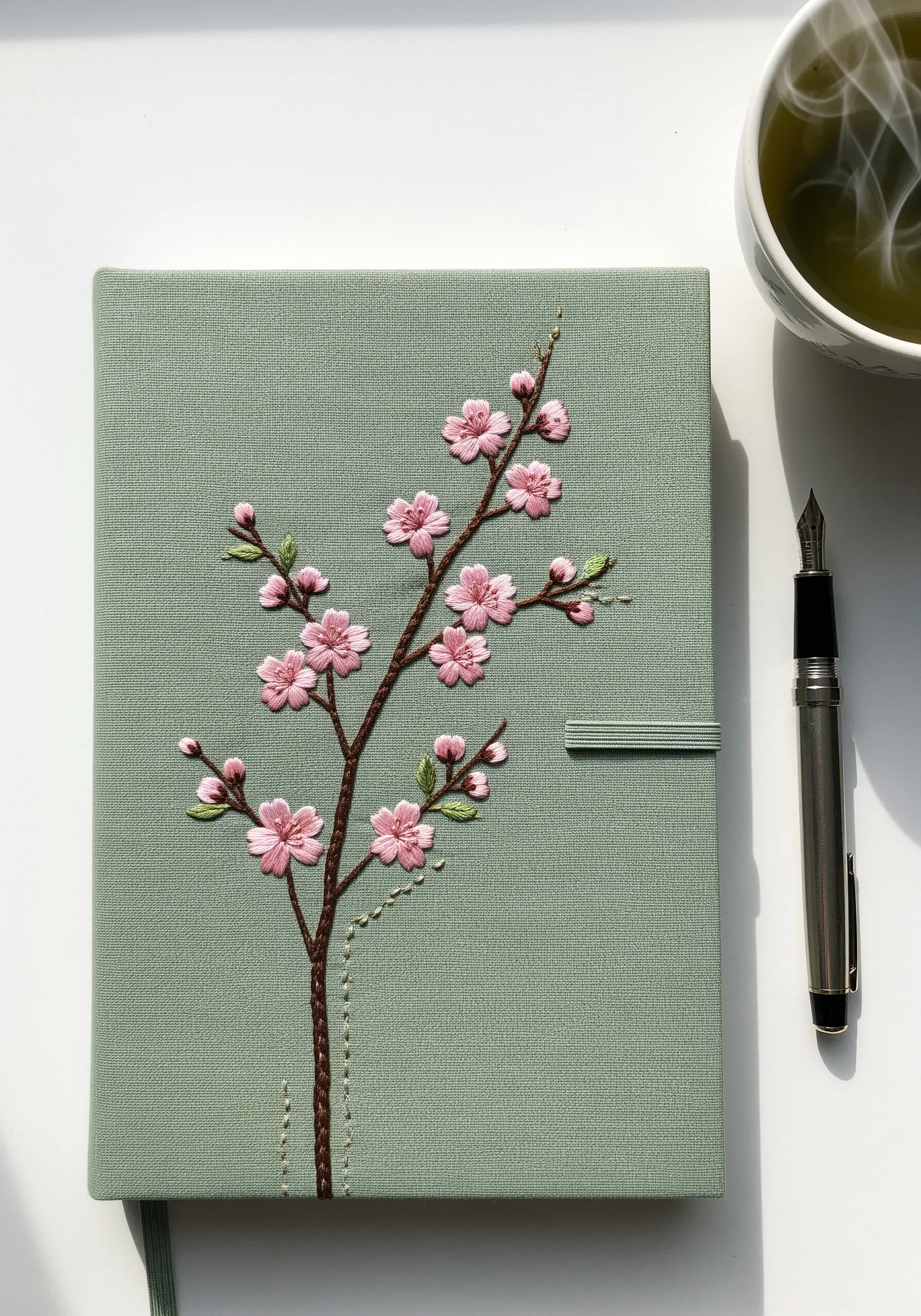 A single cherry blossom branch embroidered on the cover of a sage green journal.