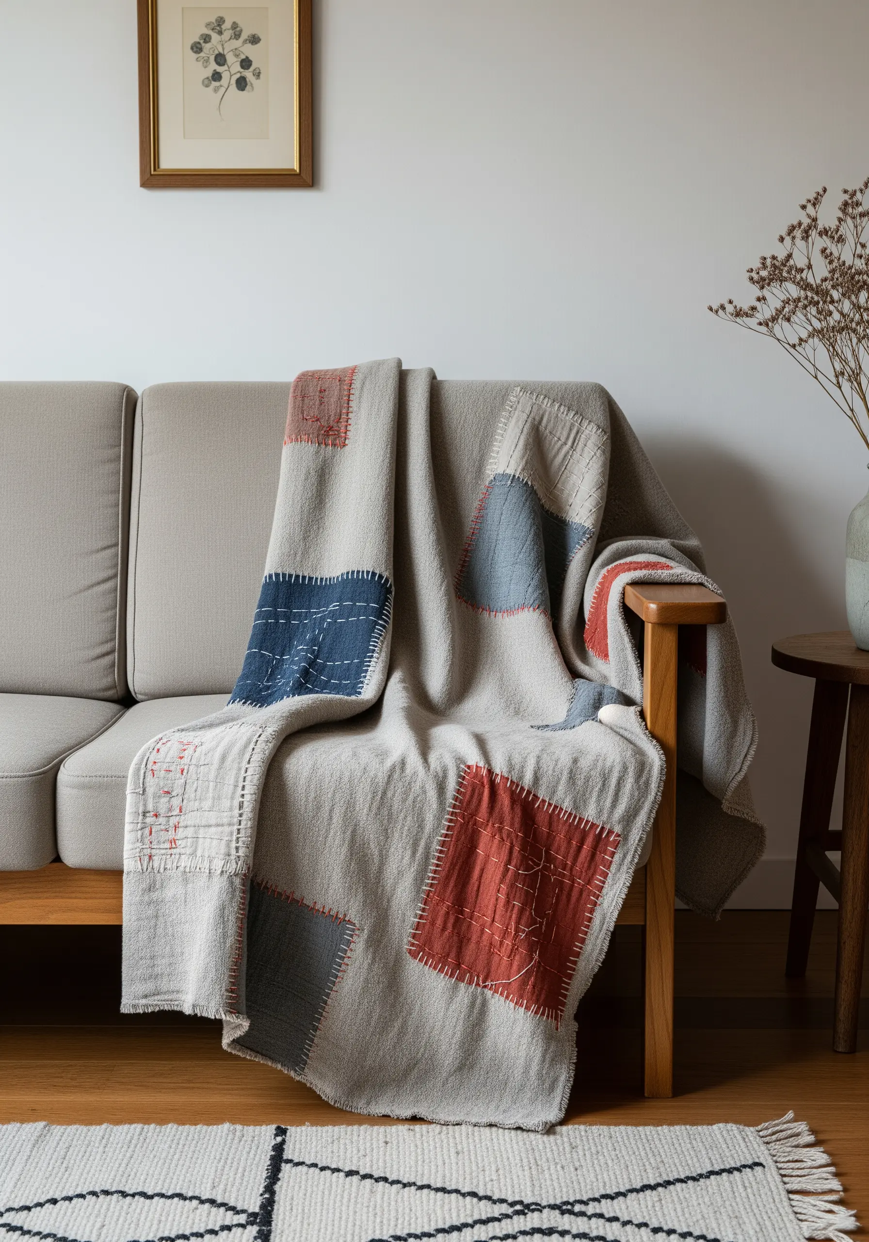 A linen throw blanket with patchwork squares in earthy colors, secured with visible running stitches.