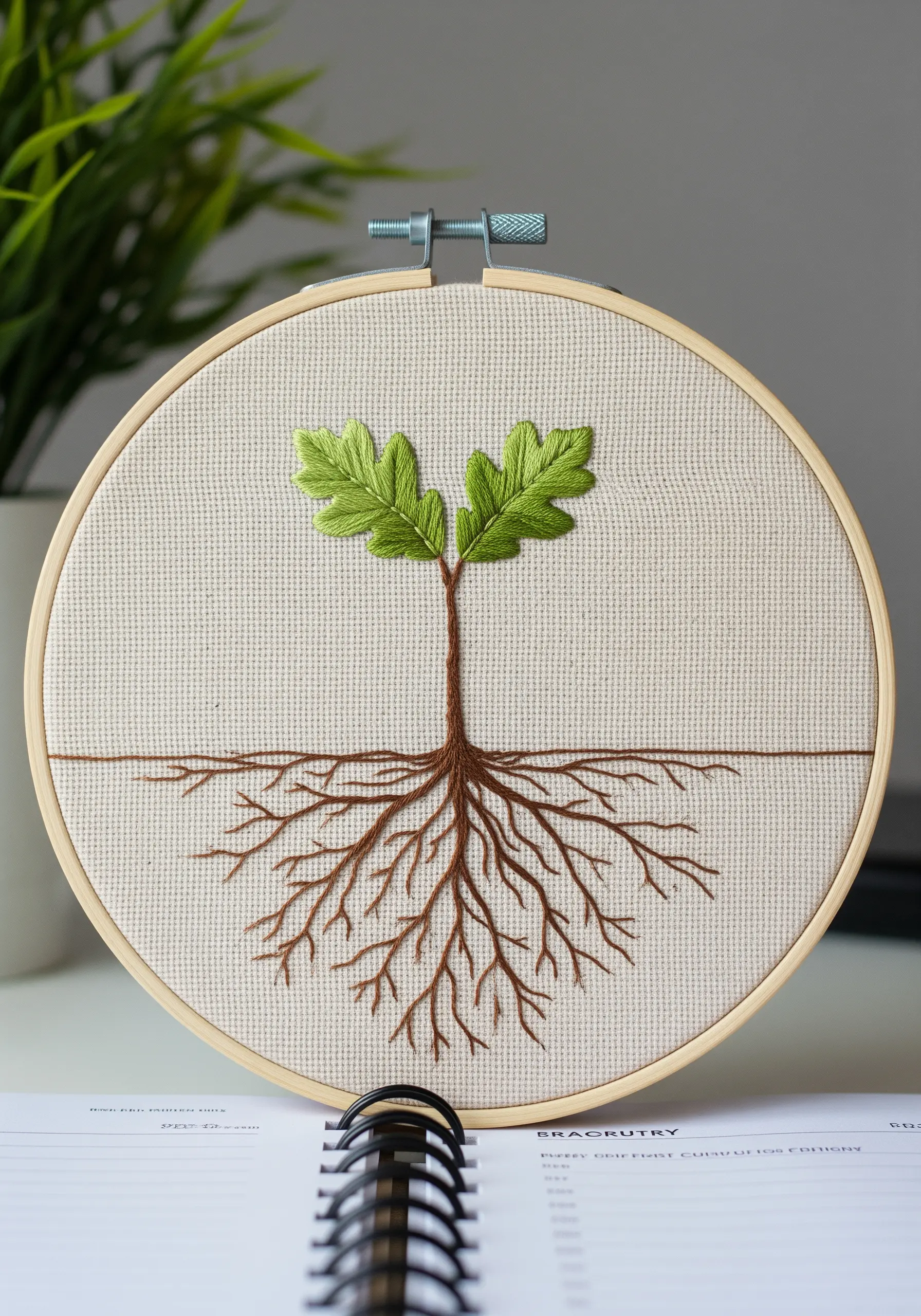 A minimalist embroidery of a small green sapling with an intricate, sprawling root system.