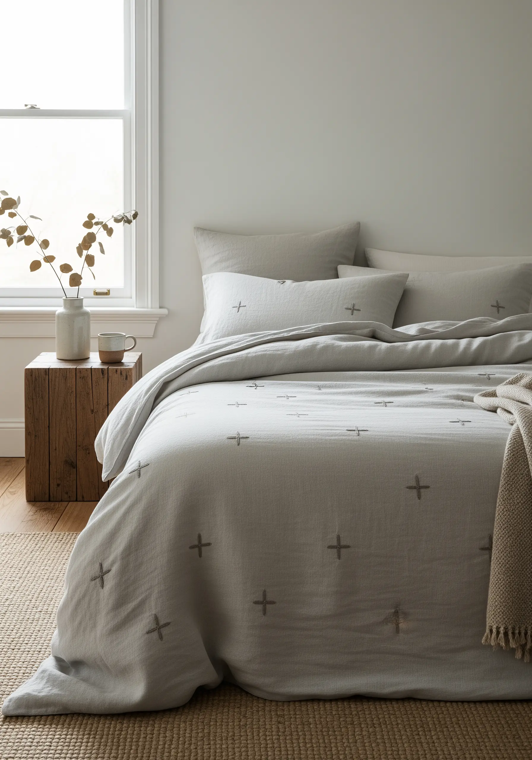 Subtle grey plus-sign stitches scattered evenly across a light grey linen duvet cover.