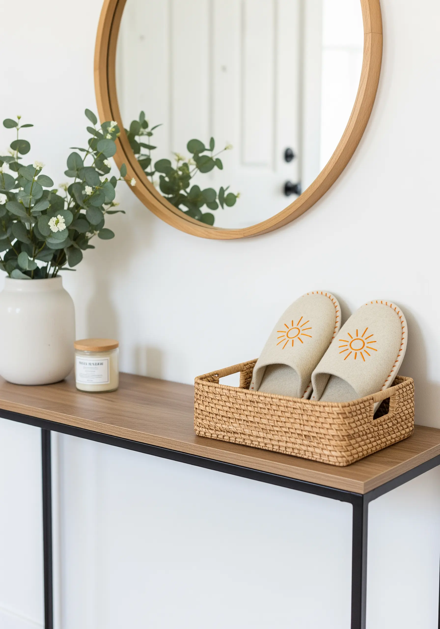 A simple, radiating sunburst motif embroidered in orange and yellow on beige slippers.