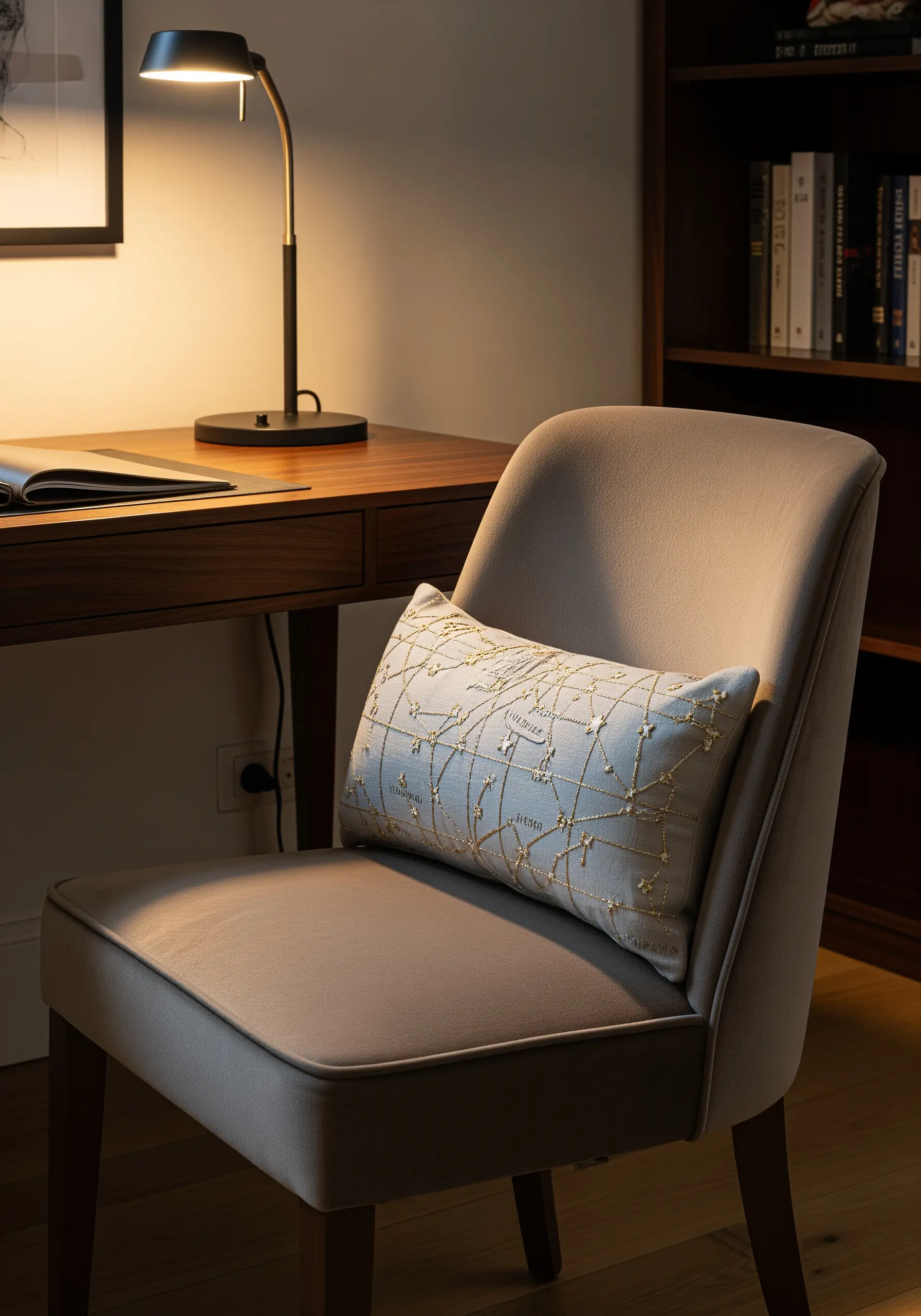 Delicate gold thread trellis with tiny star stitches on a light blue-grey cushion.