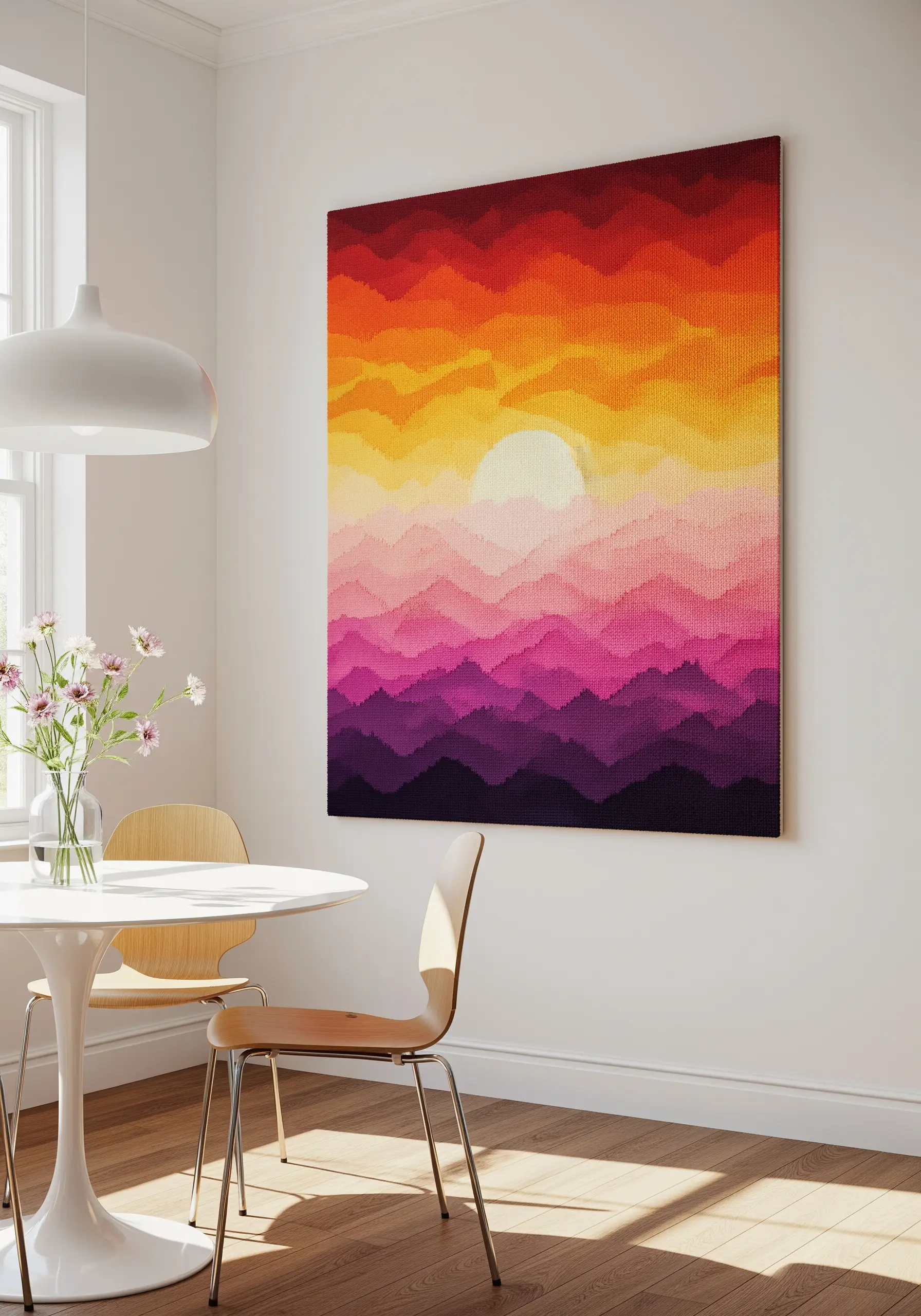 Large rectangular wall hanging with pixelated sunset gradient in warm reds, oranges, and purples