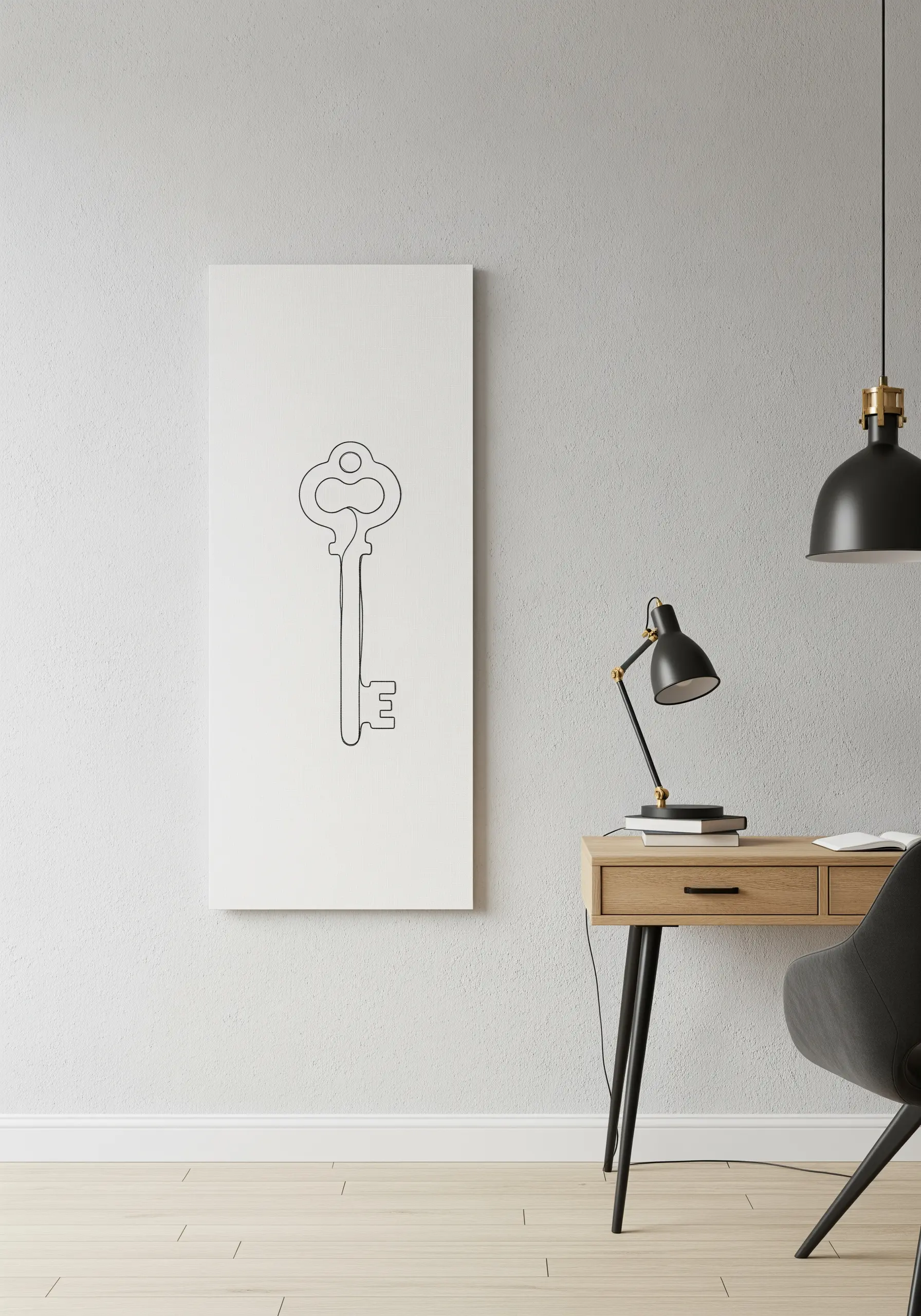 A clean, single-line outline of a vintage key embroidered on a tall white canvas.