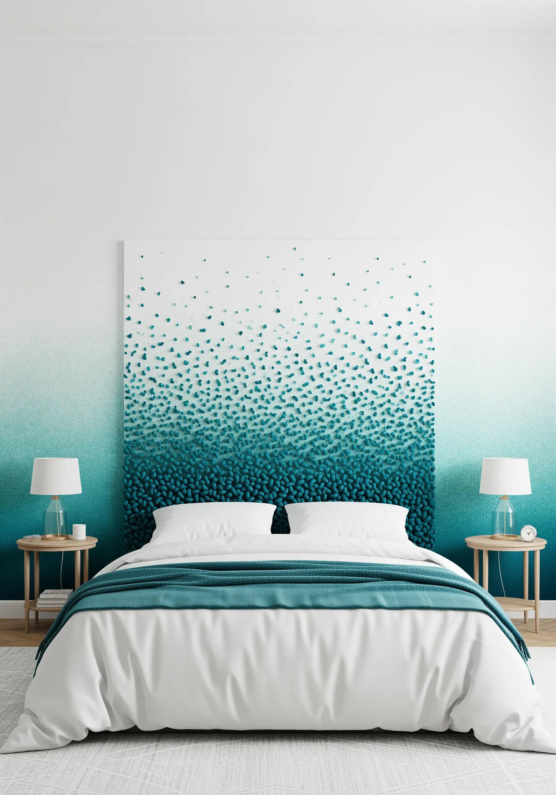 A large canvas behind a bed with a gradient of textured teal knots, acting as a headboard.