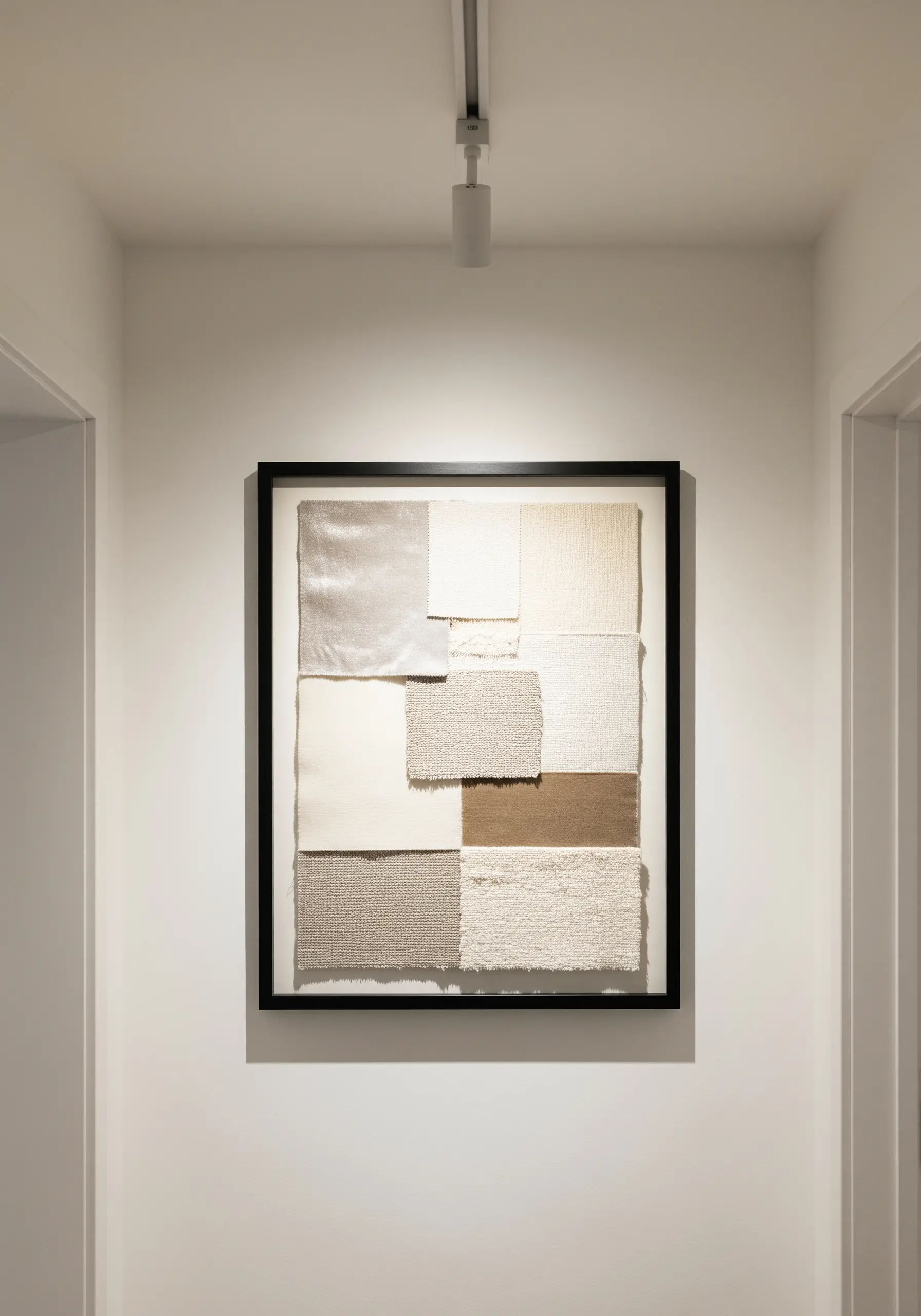 A framed art piece made from a collage of neutral-toned fabric swatches with varied textures.