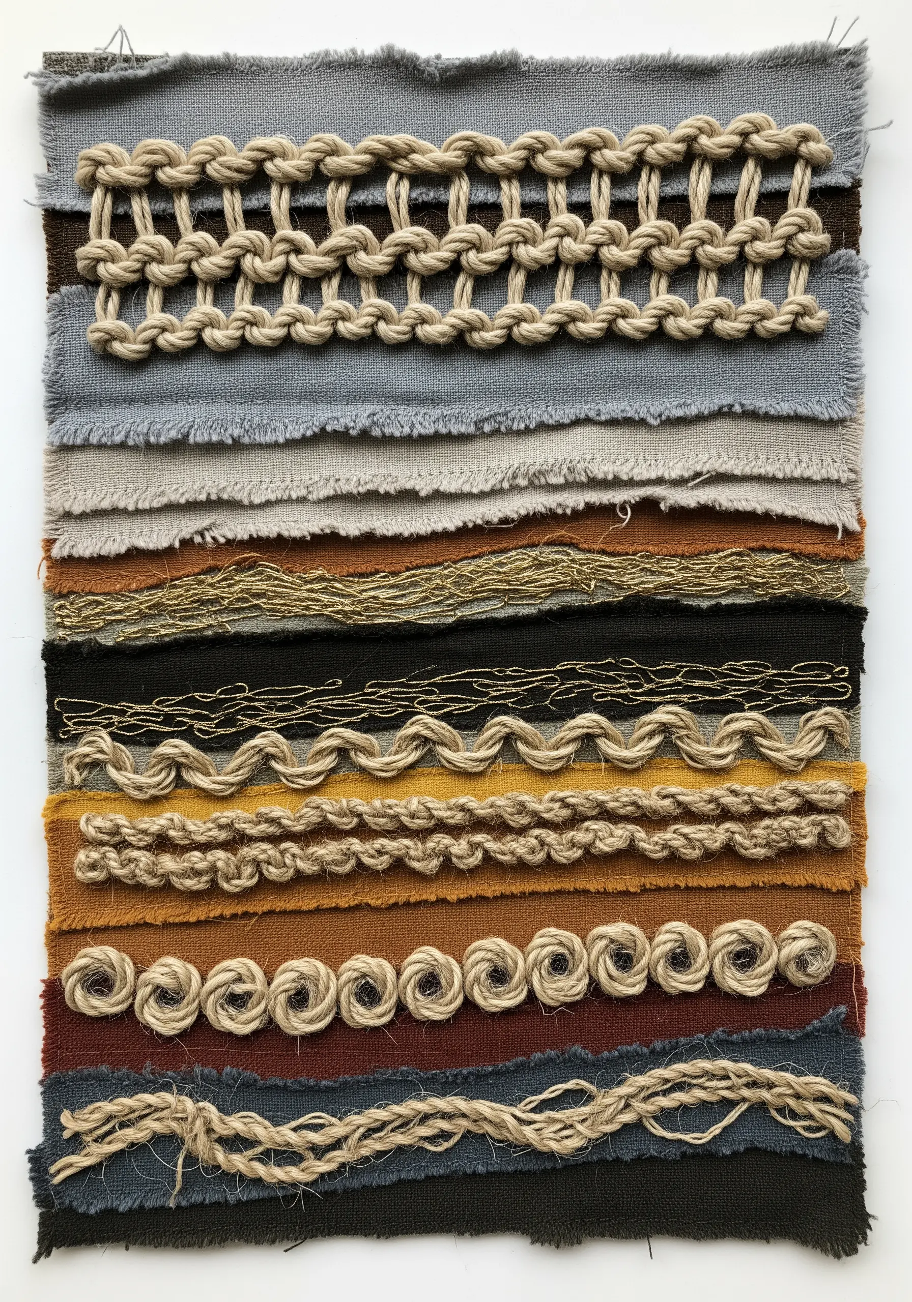 A textile sampler on layered fabric strips, showcasing various couching and knotting techniques.