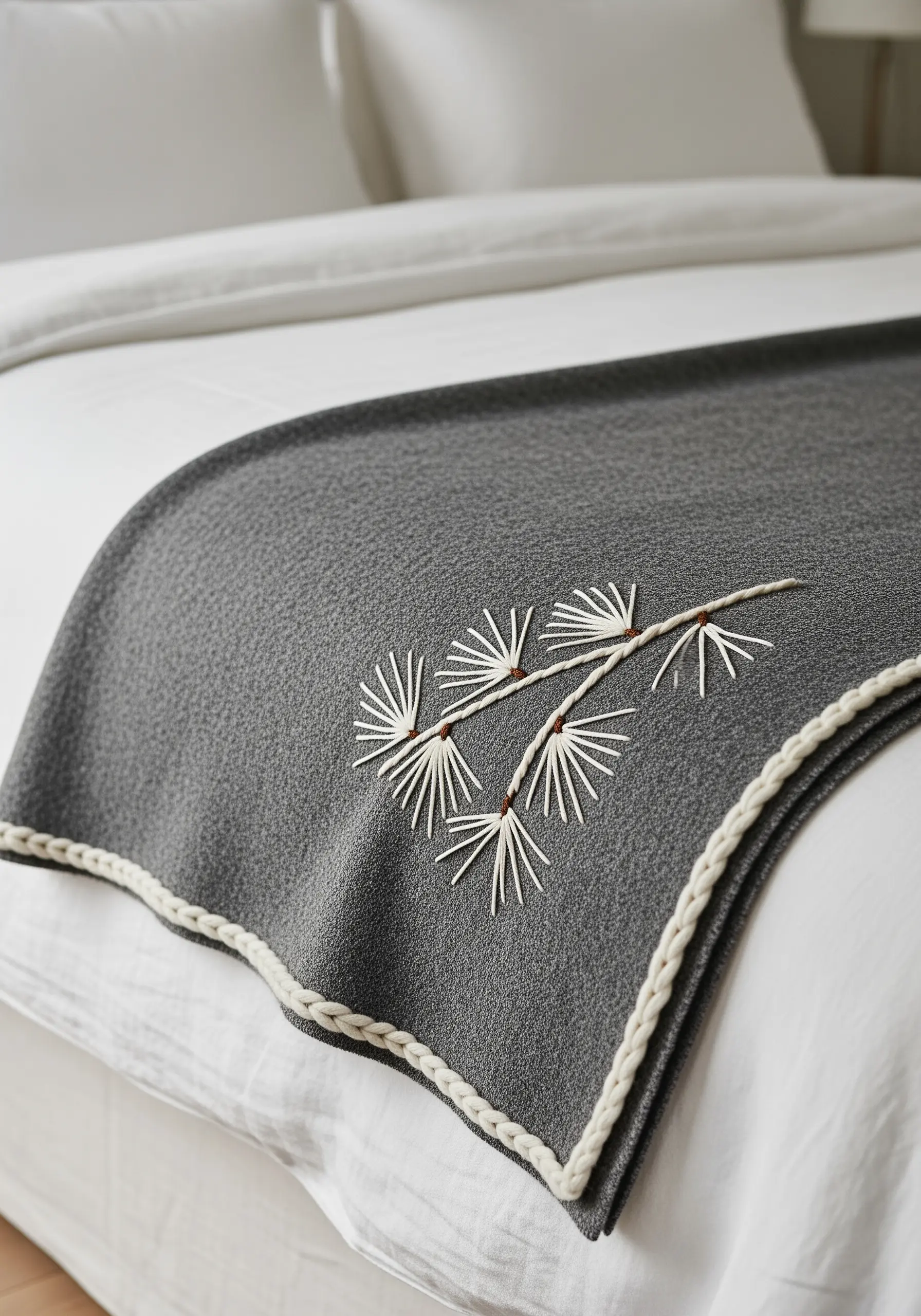 A textural embroidery of a pine branch with long straight stitches on a dark grey blanket.