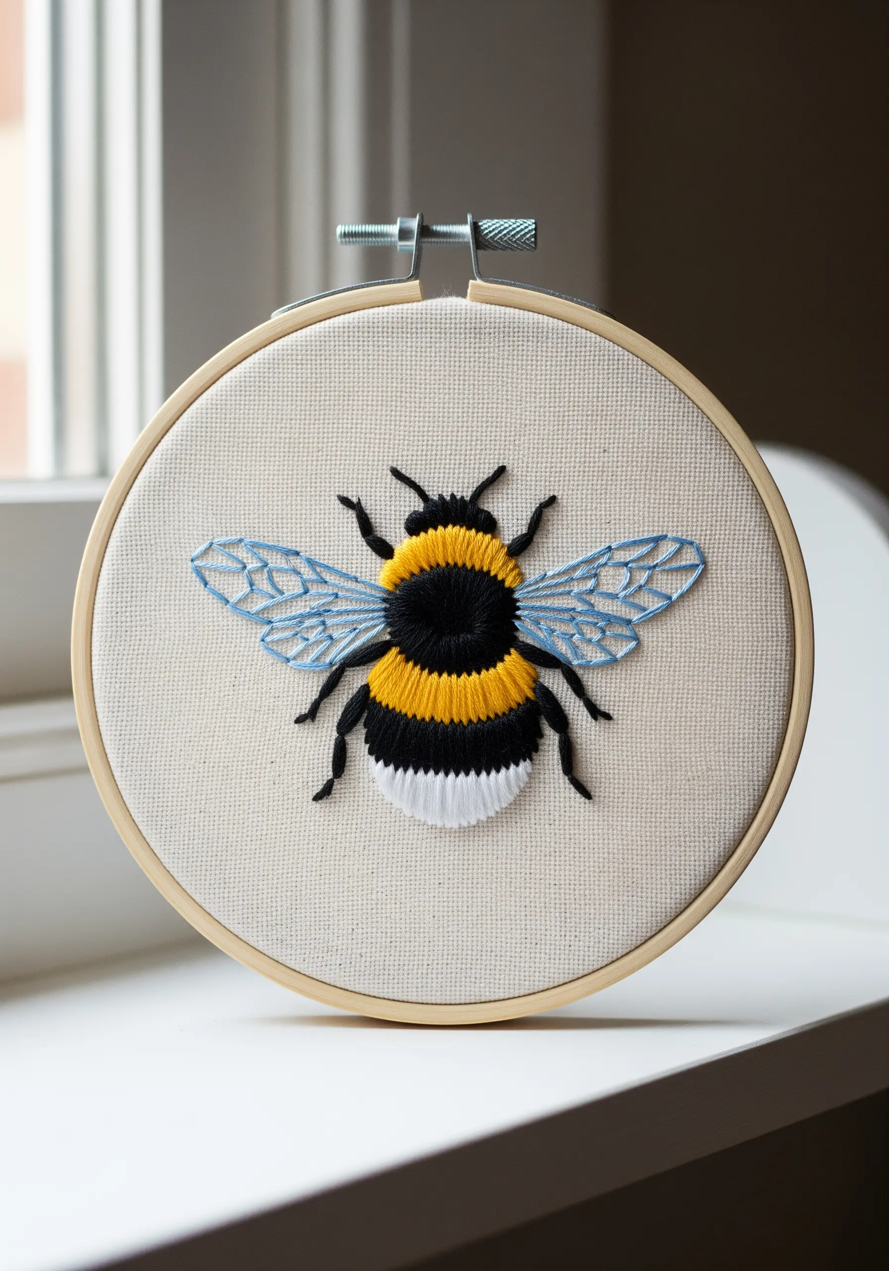 Detailed bumblebee embroidery with fuzzy long-and-short stitch body and delicate wings.