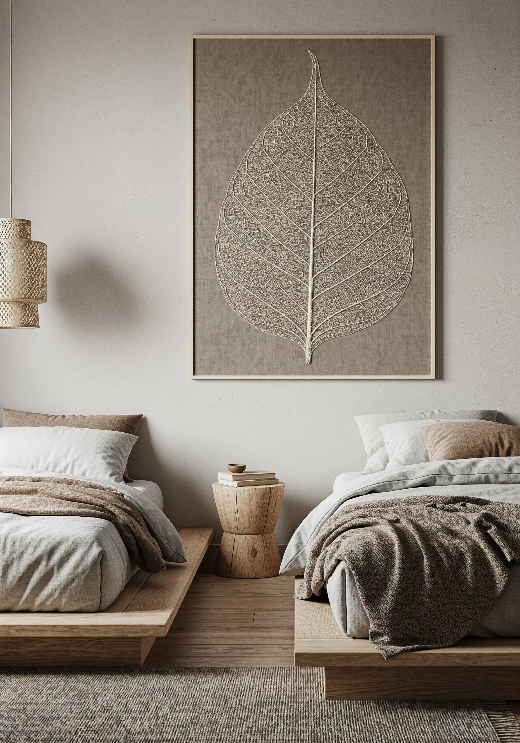 A large, framed tone-on-tone embroidery of a leaf skeleton in beige thread on beige fabric.