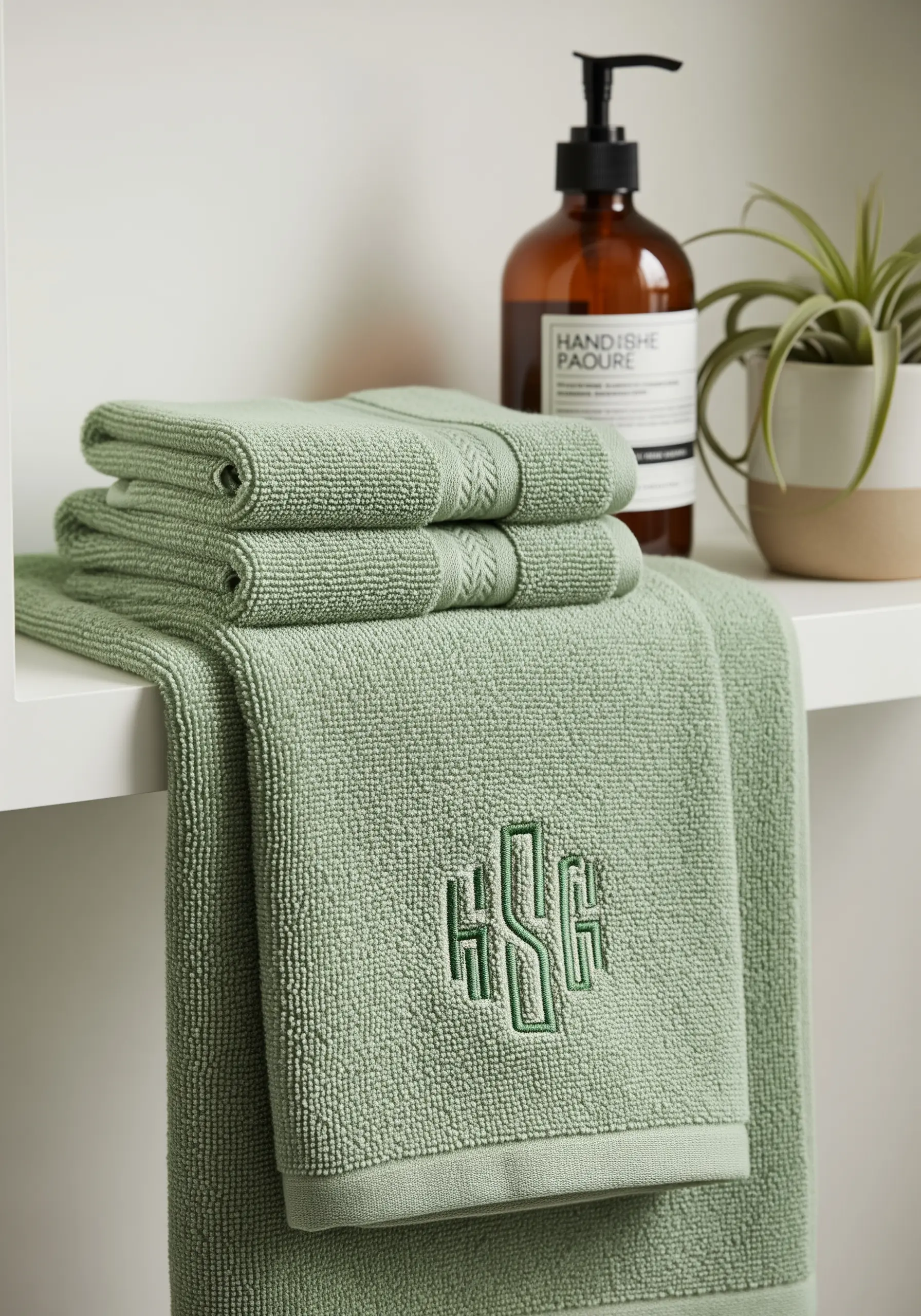 A raised satin-stitch monogram in a dark green on a light green towel.