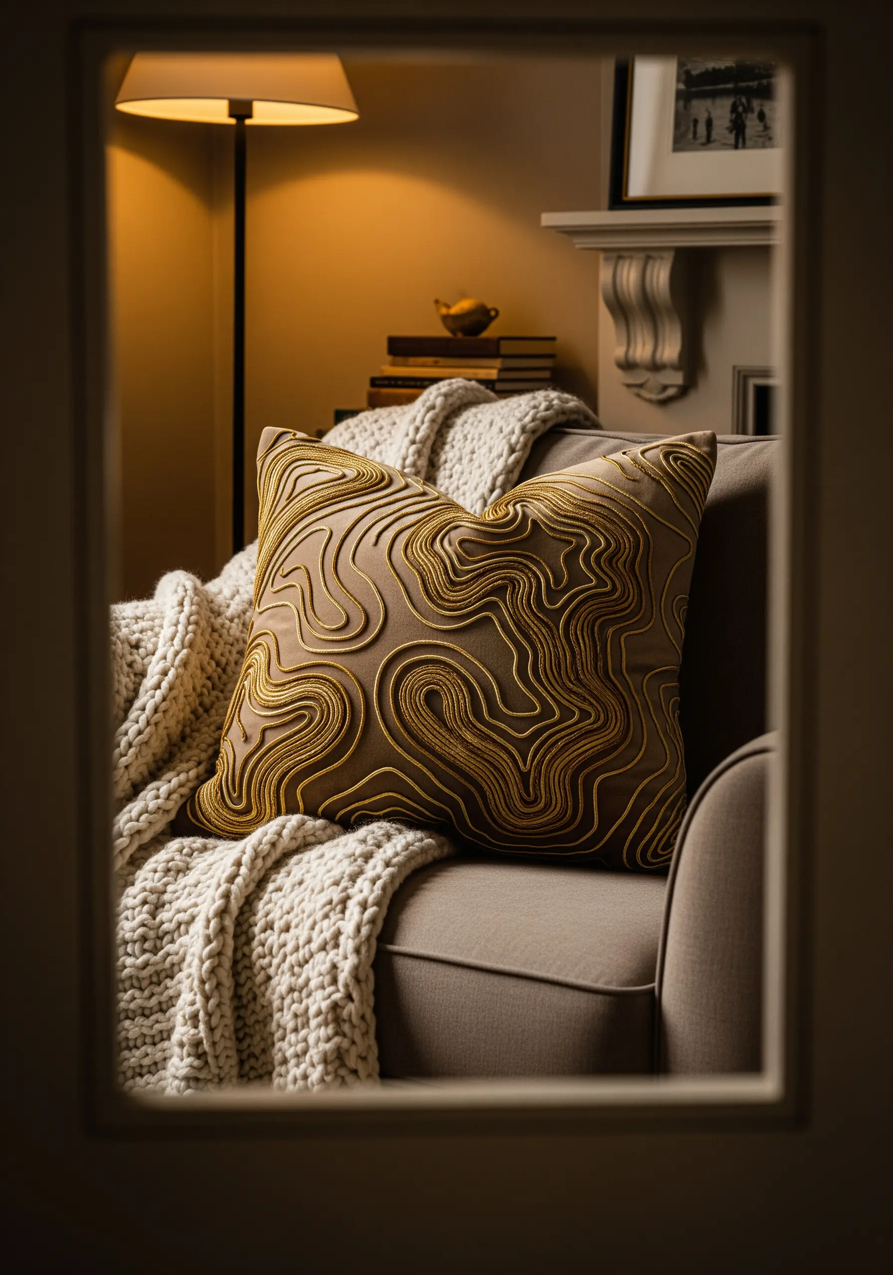 Gold couched yarn creating topographic lines on a dark taupe cushion.