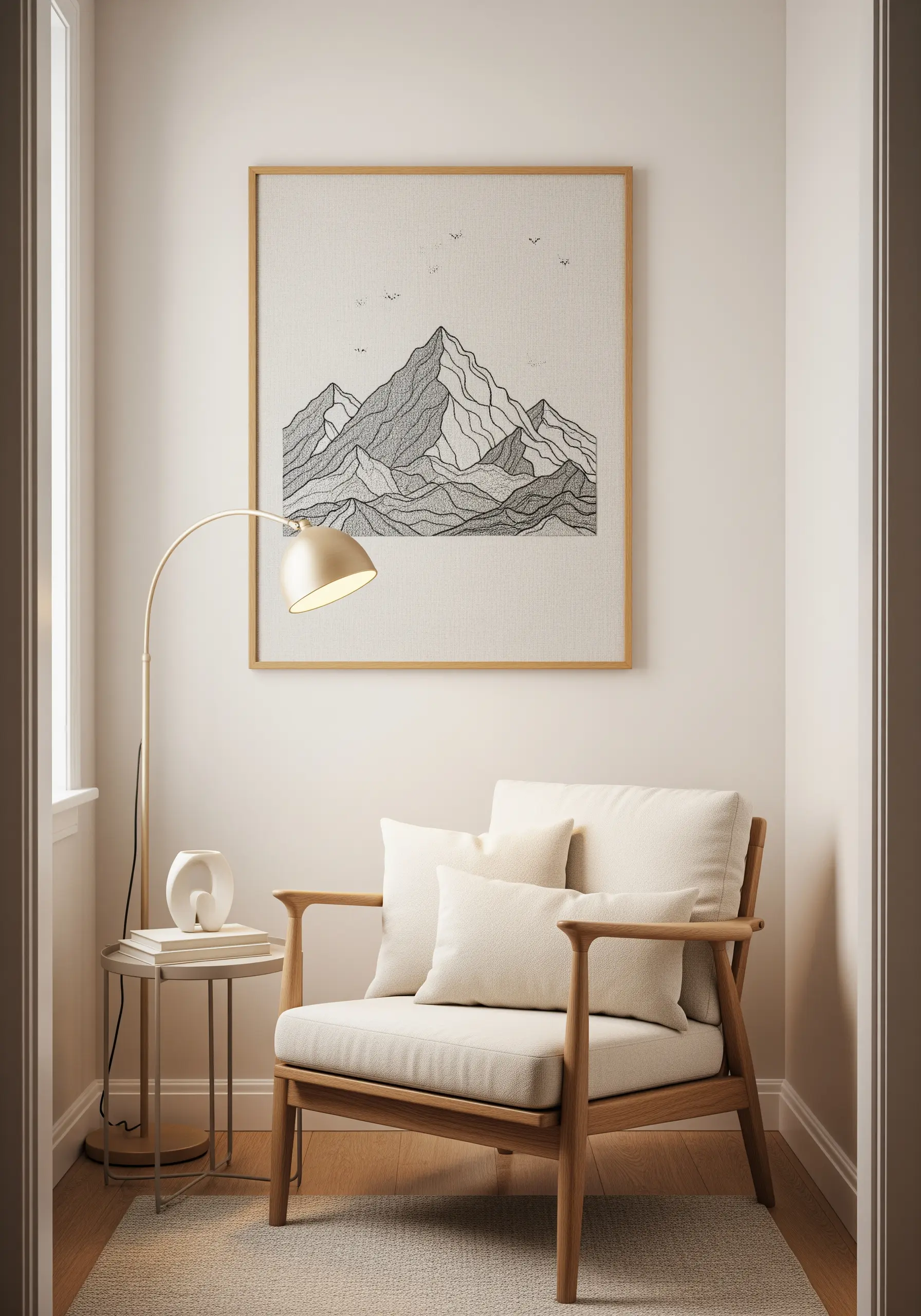 Framed monochrome mountain embroidery with varied fill stitches for texture.