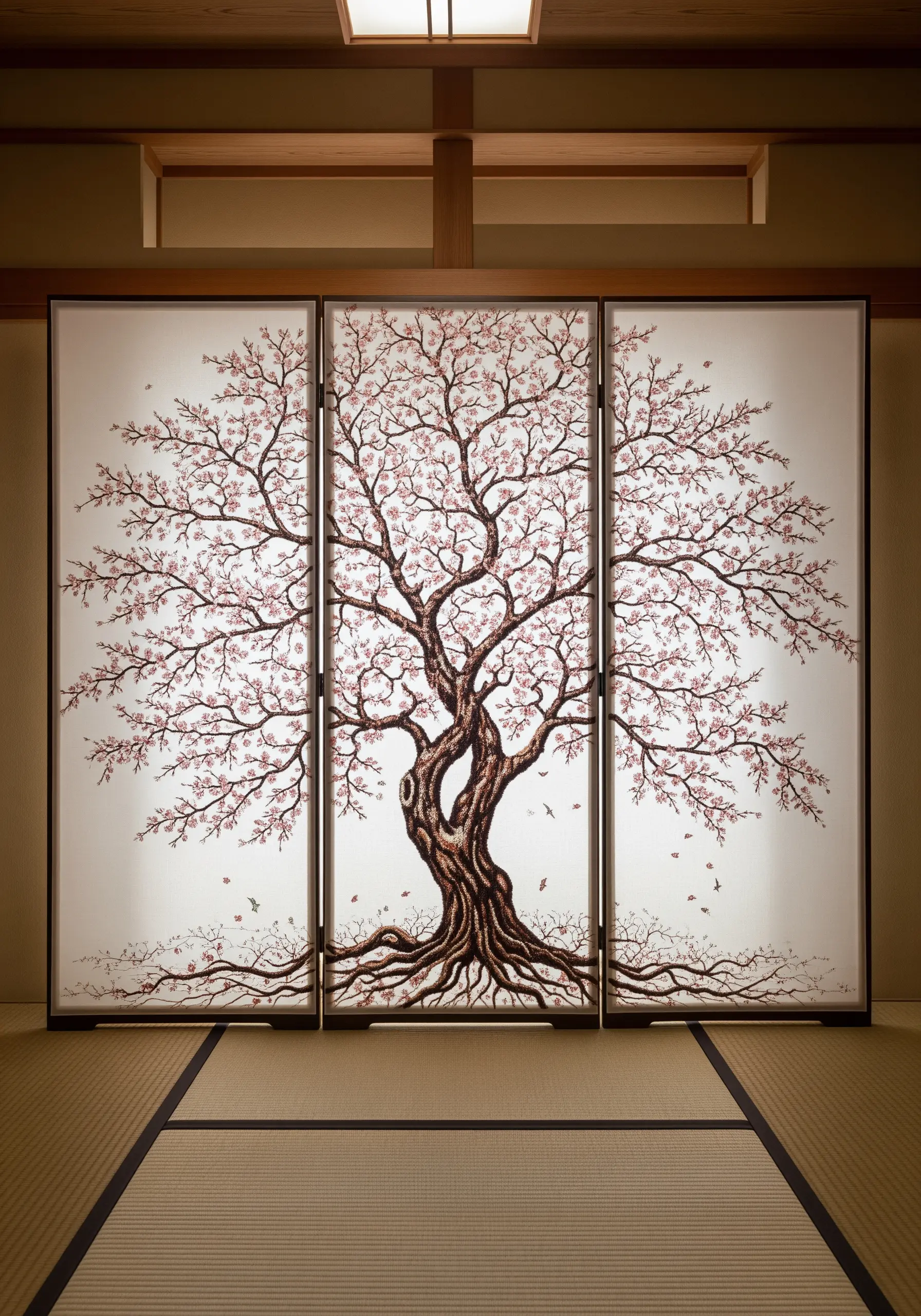 An intricately embroidered cherry blossom tree on a three-panel Japanese-style room divider.