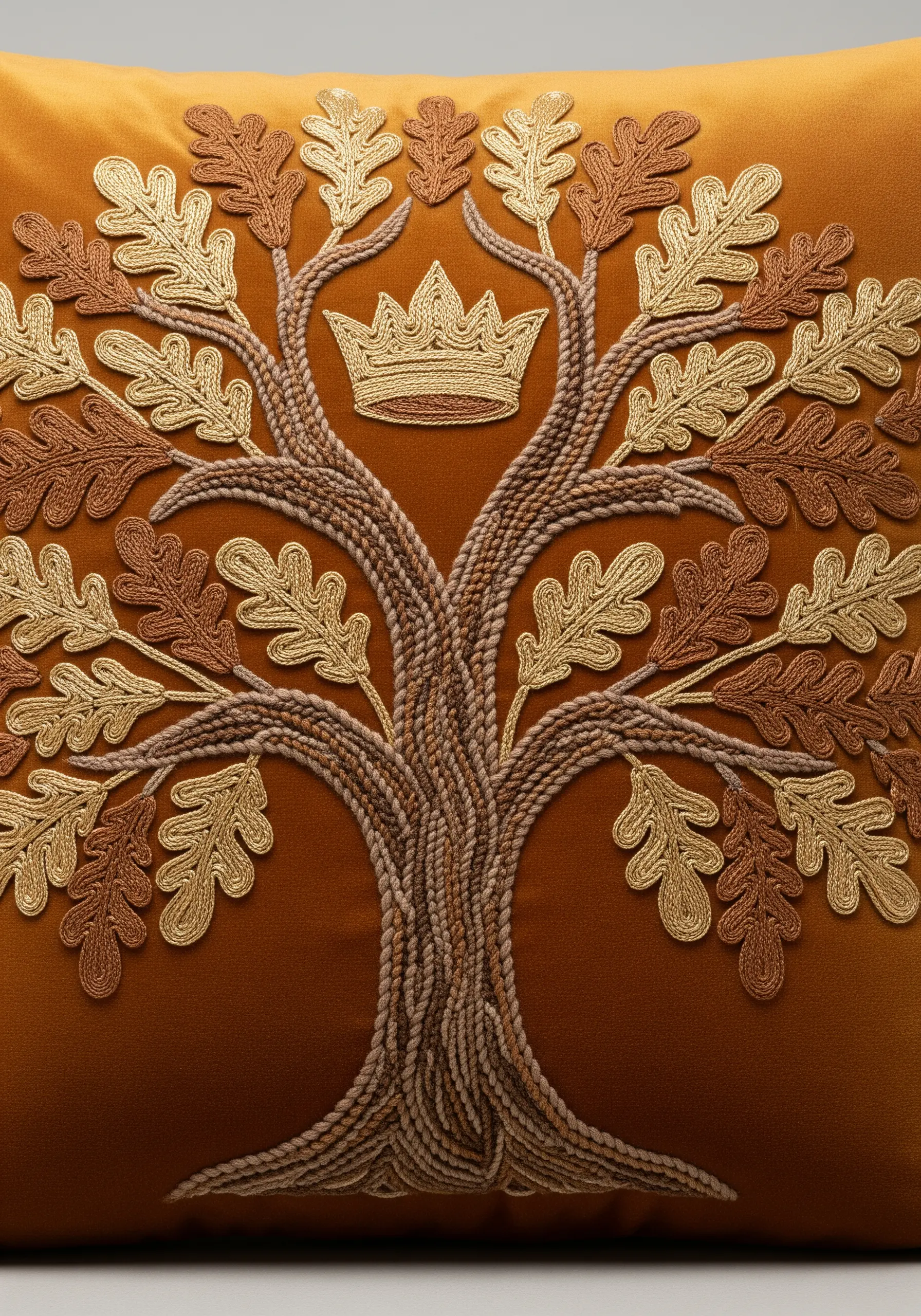 An embroidered tree of life with a braided trunk and a crown, on an ochre cushion.