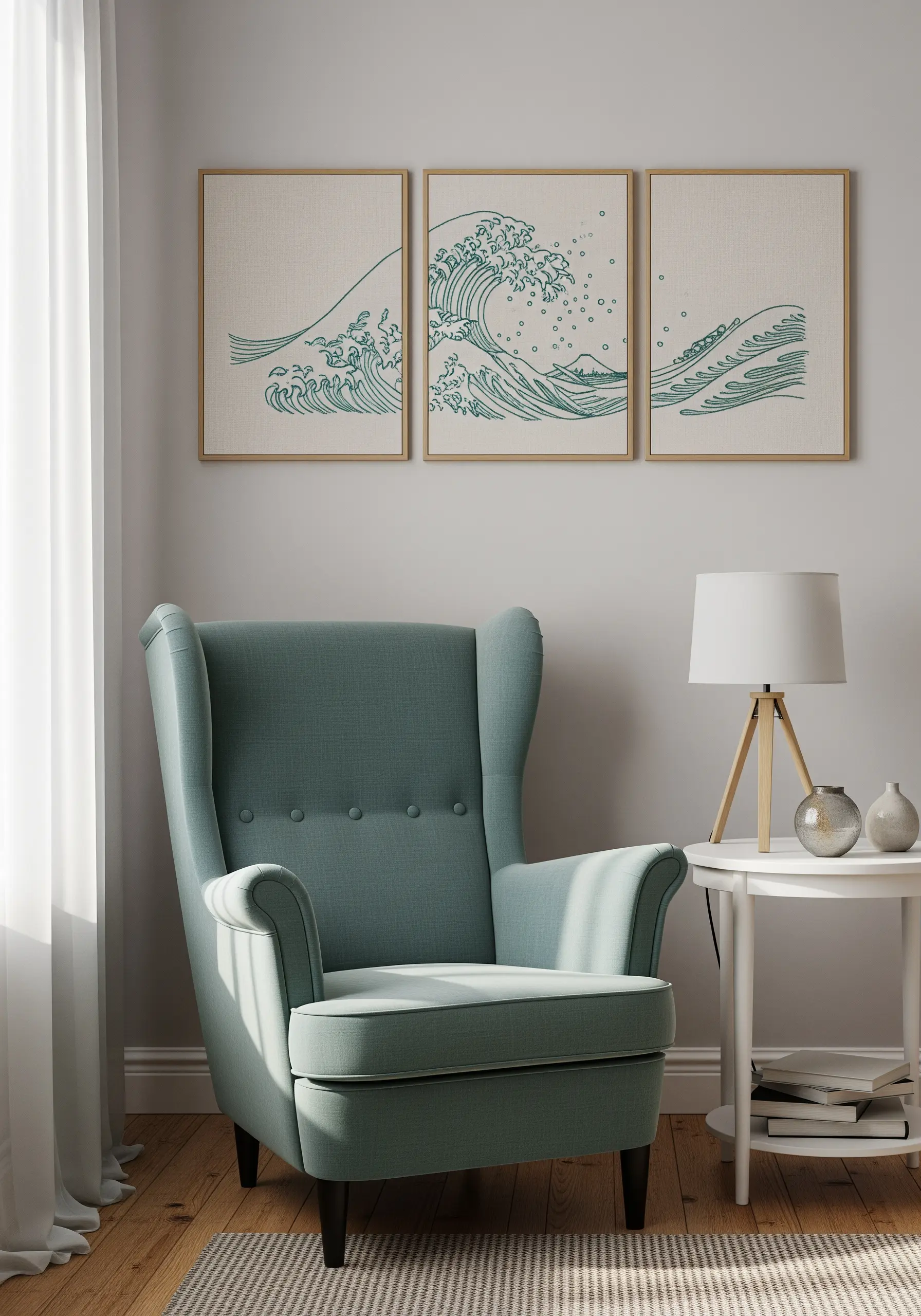 A triptych of framed embroidery pieces showing different sections of a stylized ocean wave.
