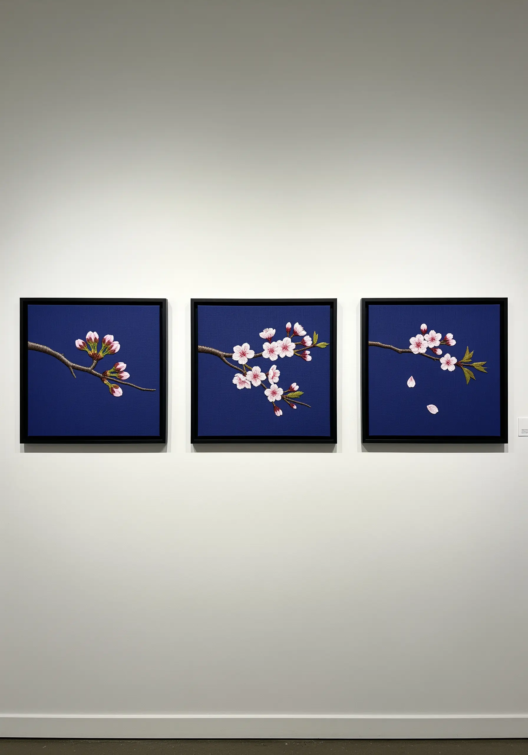 Three framed embroidery panels showing the life cycle of a cherry blossom branch.