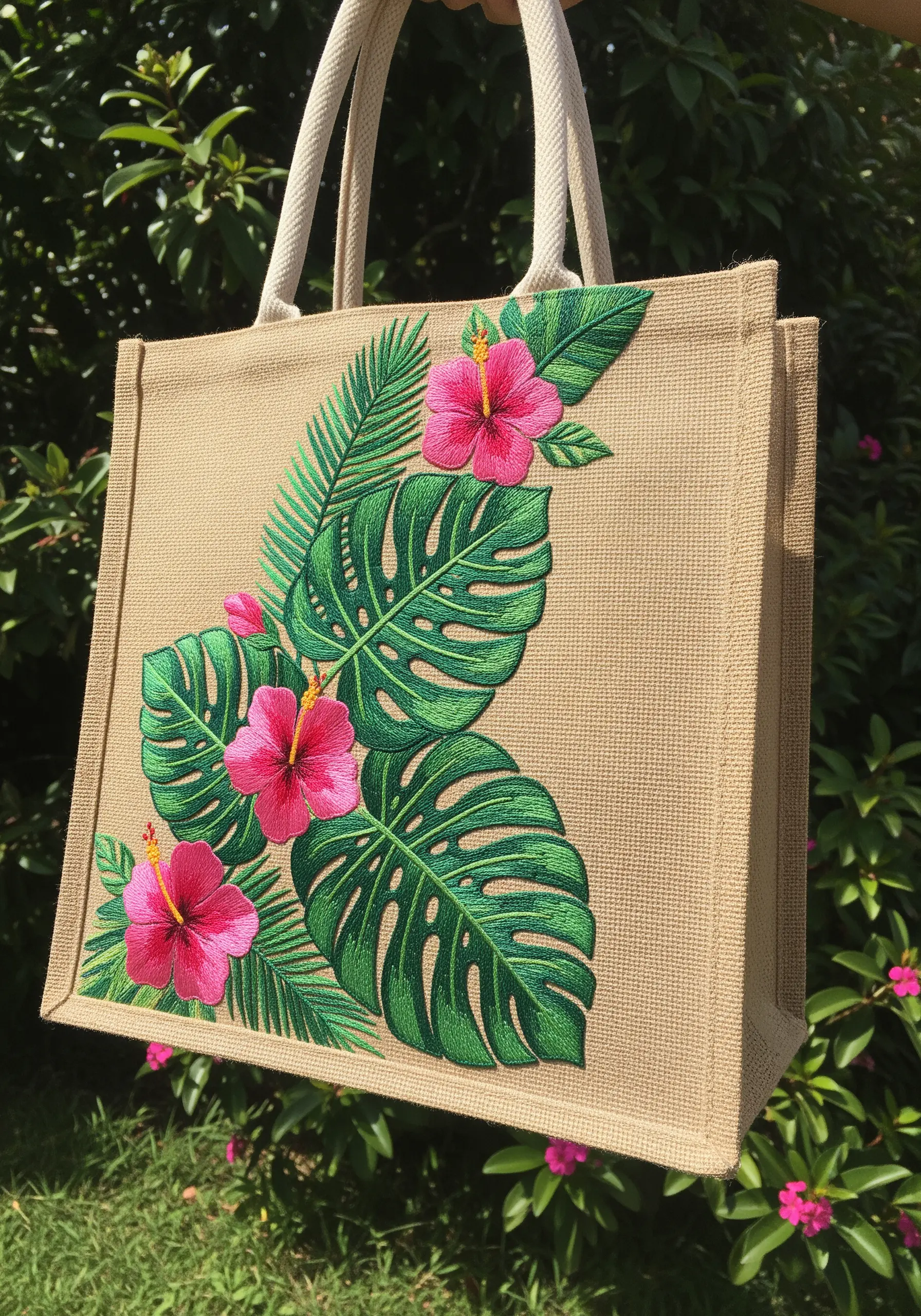 Bold hibiscus flowers and monstera leaves embroidered on a natural jute tote bag.