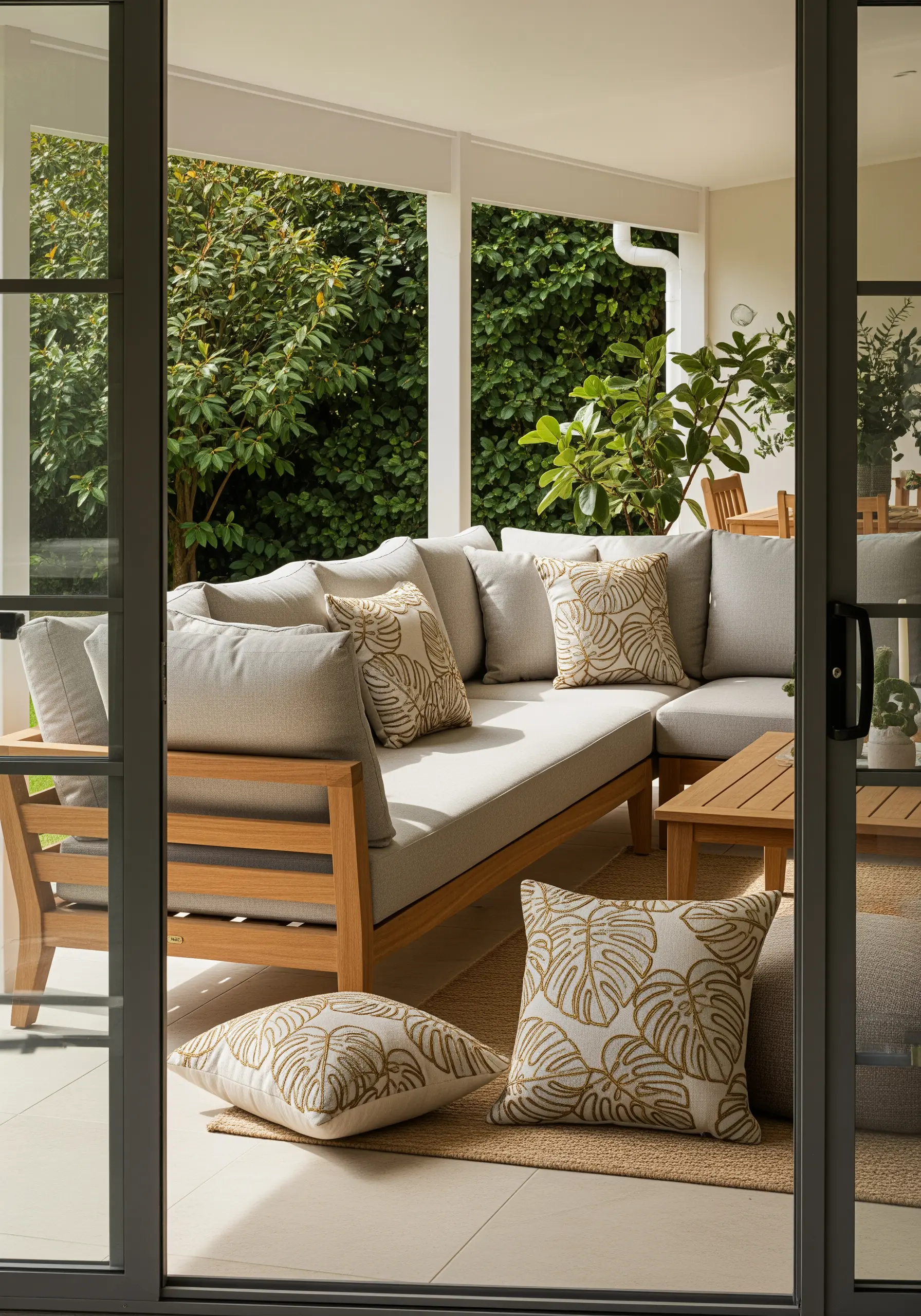 Gold thread outline of monstera leaves on beige cushions.