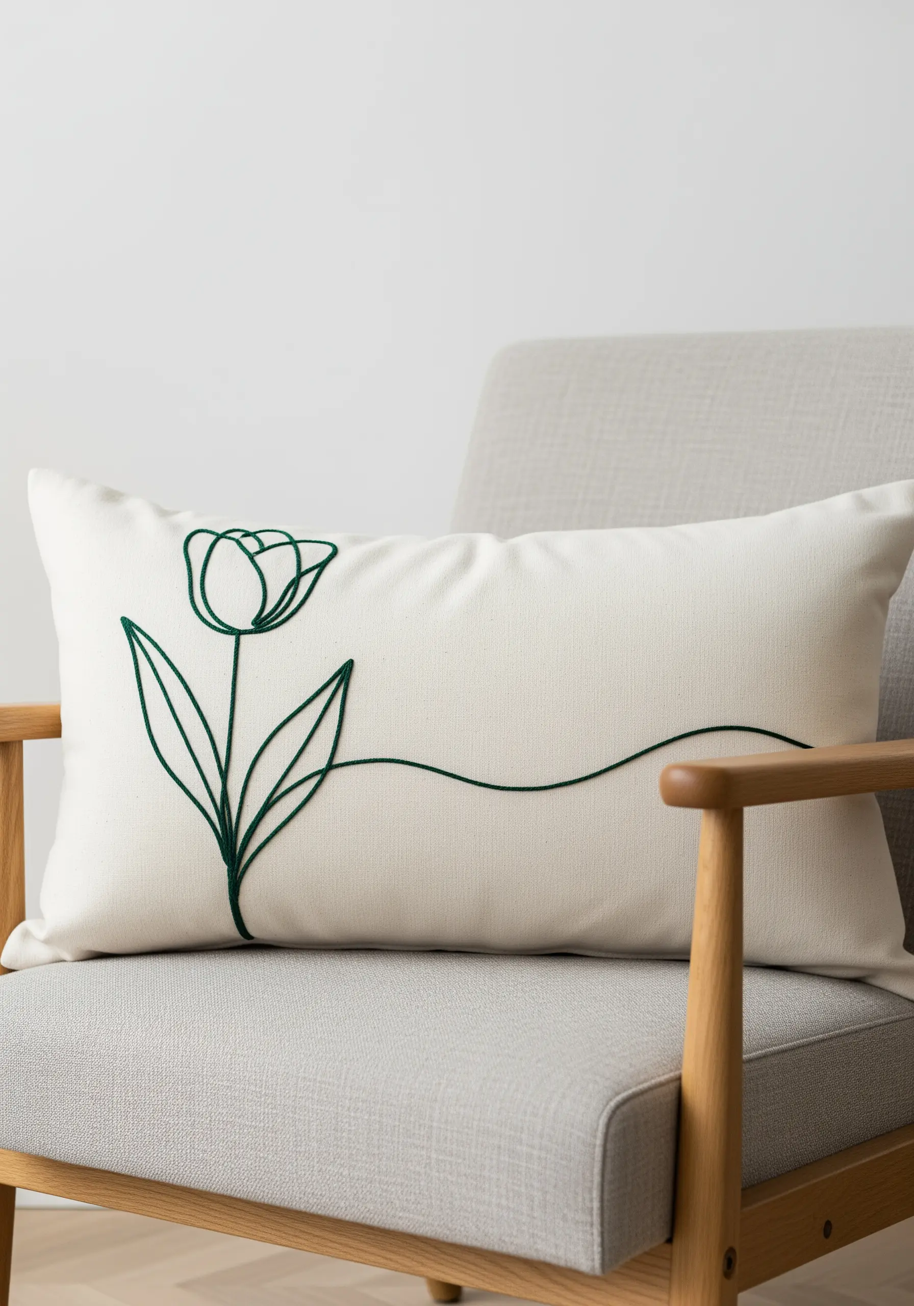 Green single-line tulip embroidery on a rectangular off-white cushion.