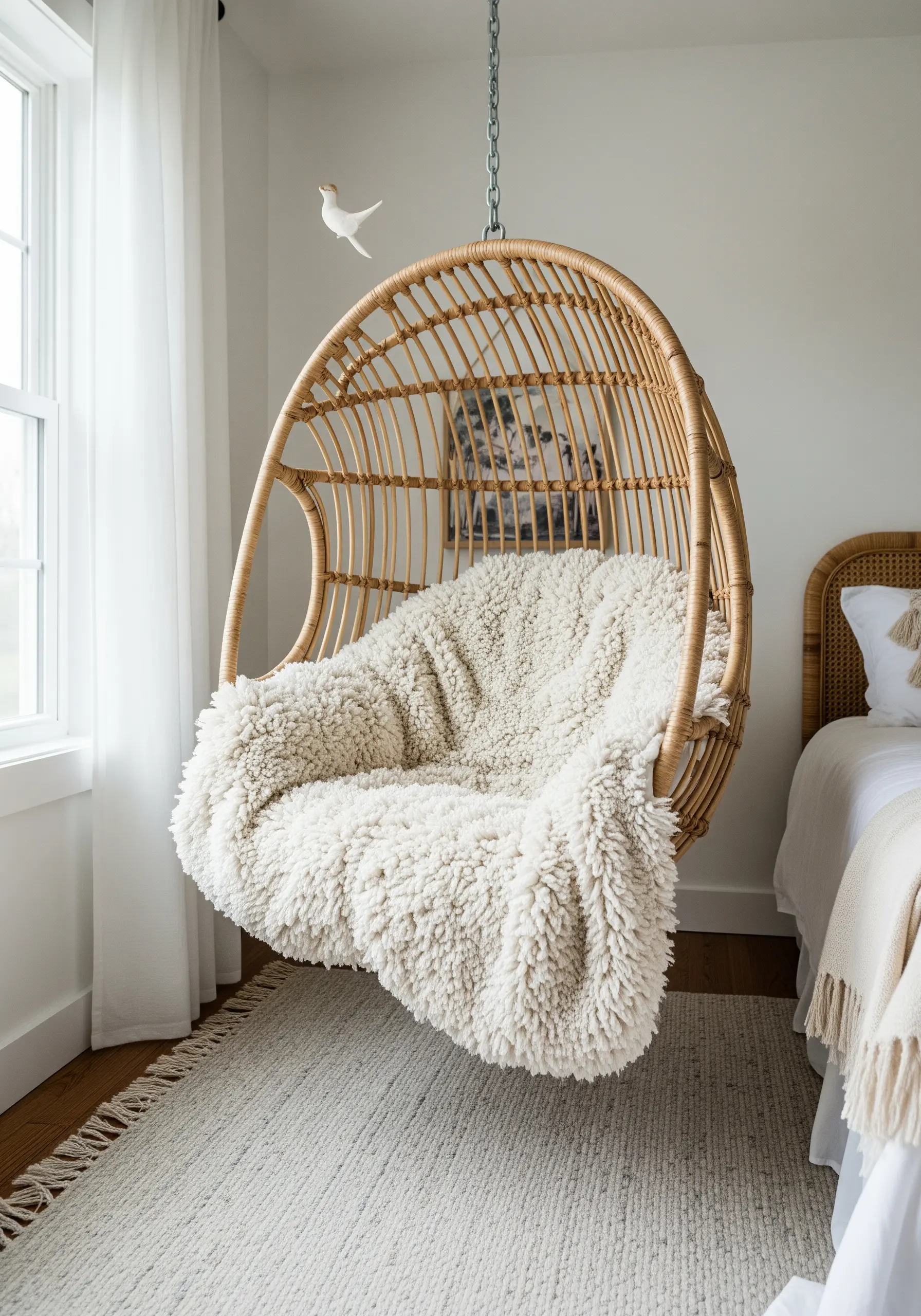 A super plush and shaggy white throw, resembling sheepskin, draped over a rattan hanging chair.