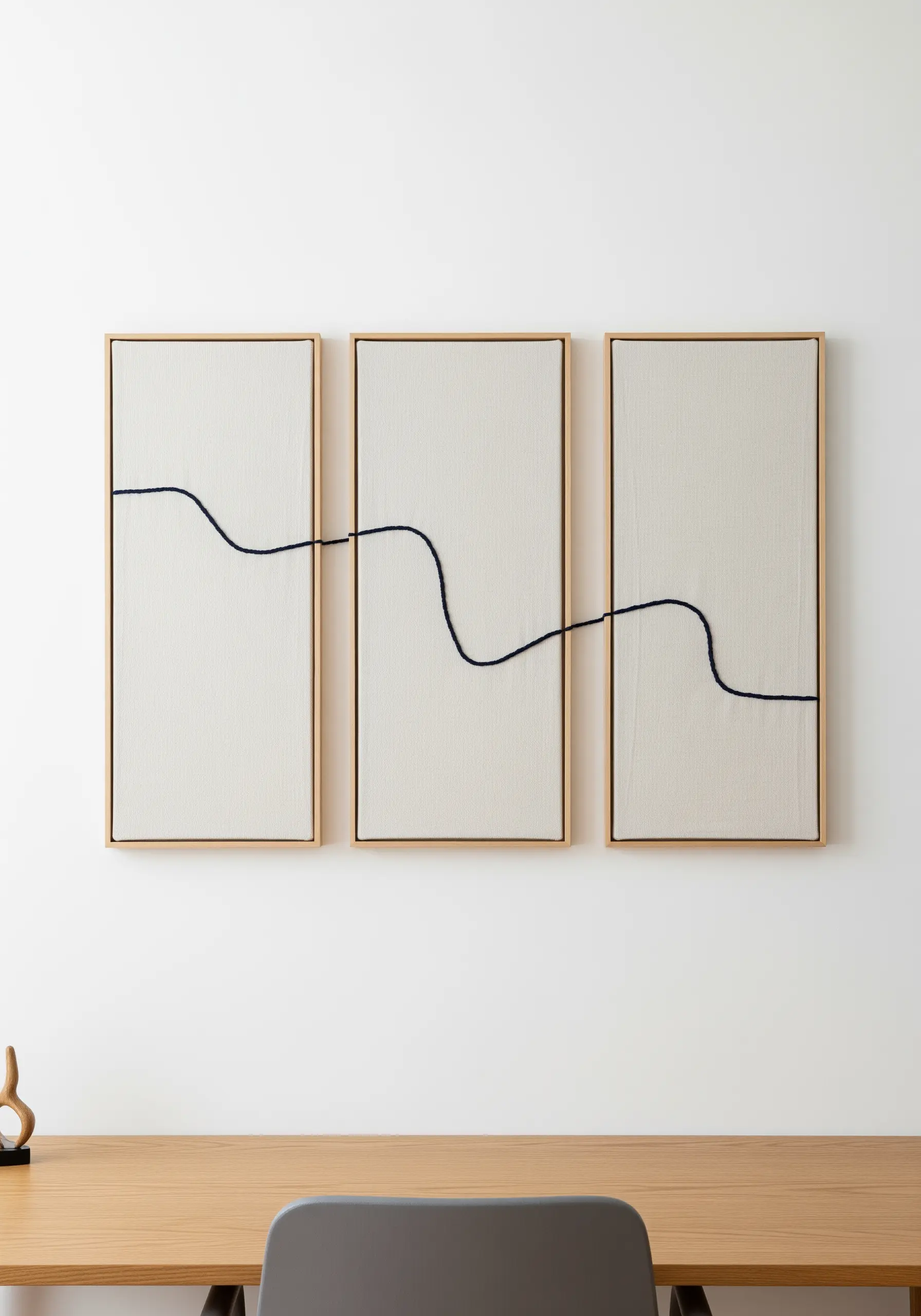A single, thick black cord couched in a wavy line across three vertical canvases.
