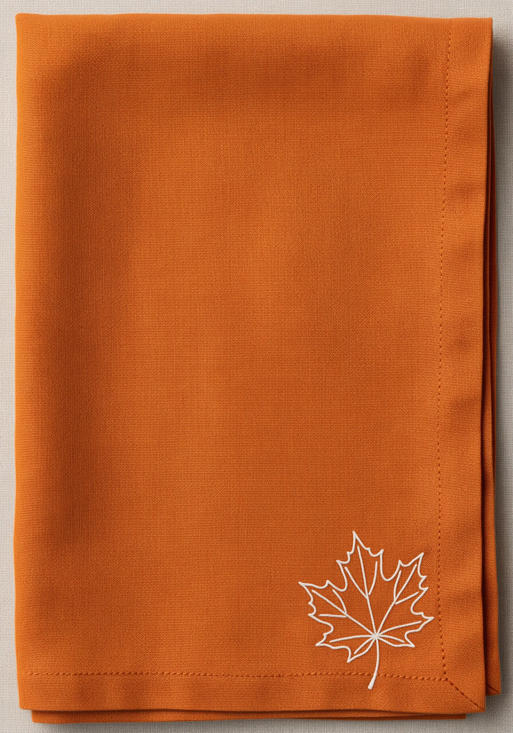 A single white maple leaf outline embroidered on the corner of a folded orange napkin.