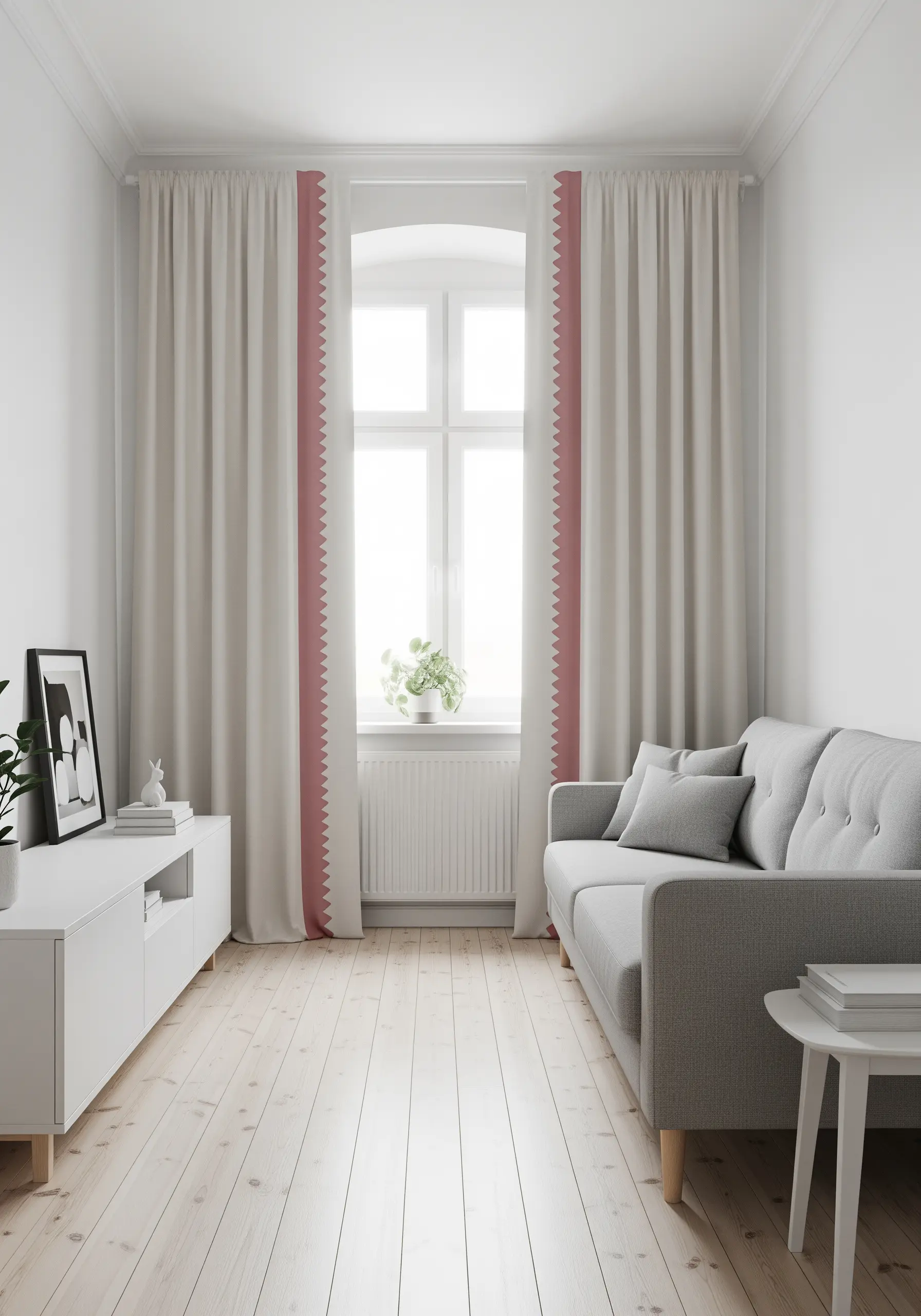 Neutral-colored curtains with a bold, geometric embroidered border in a contrasting dusty rose color.