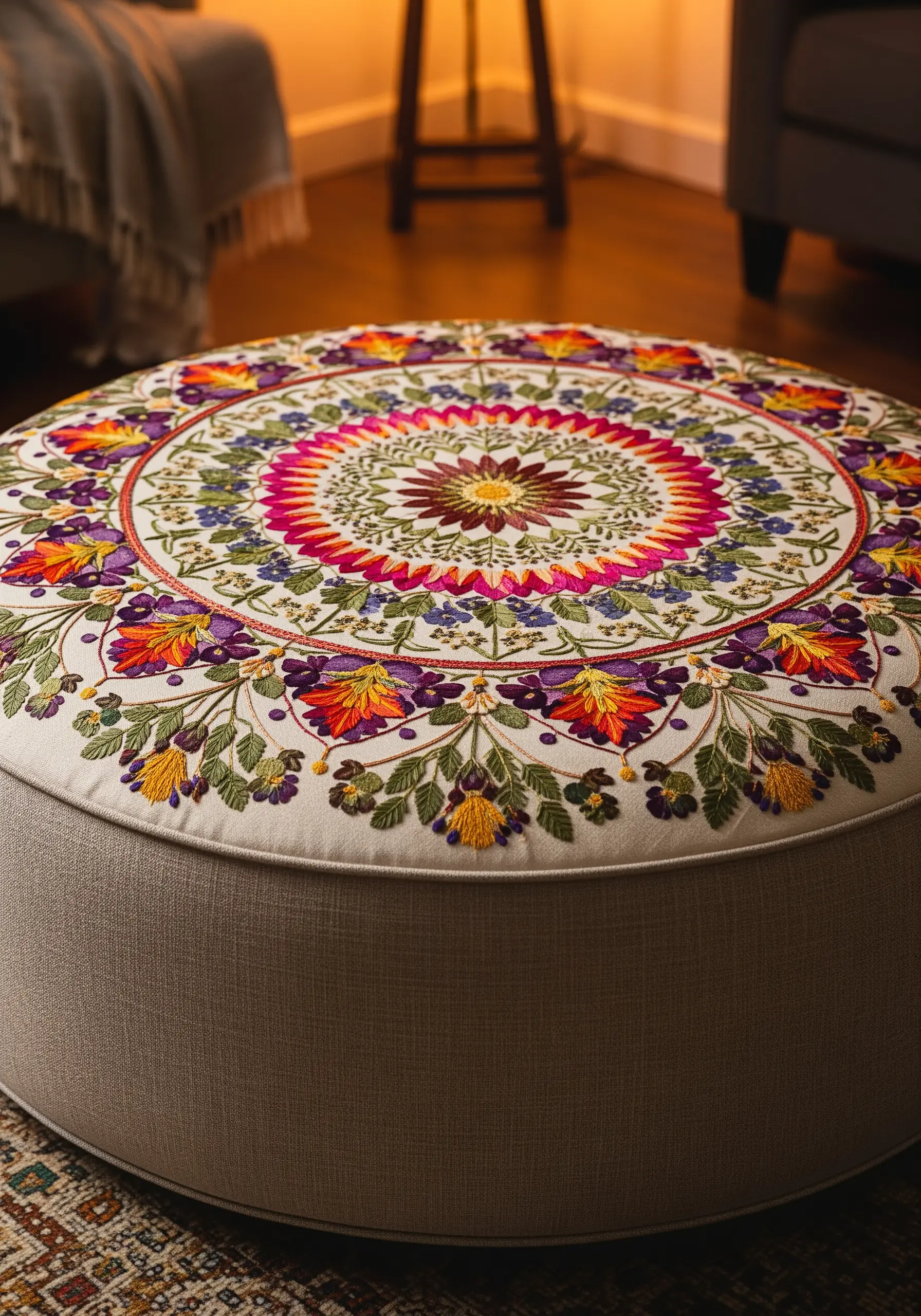 A close-up of a round upholstered ottoman covered in a vibrant, intricate floral mandala embroidery.