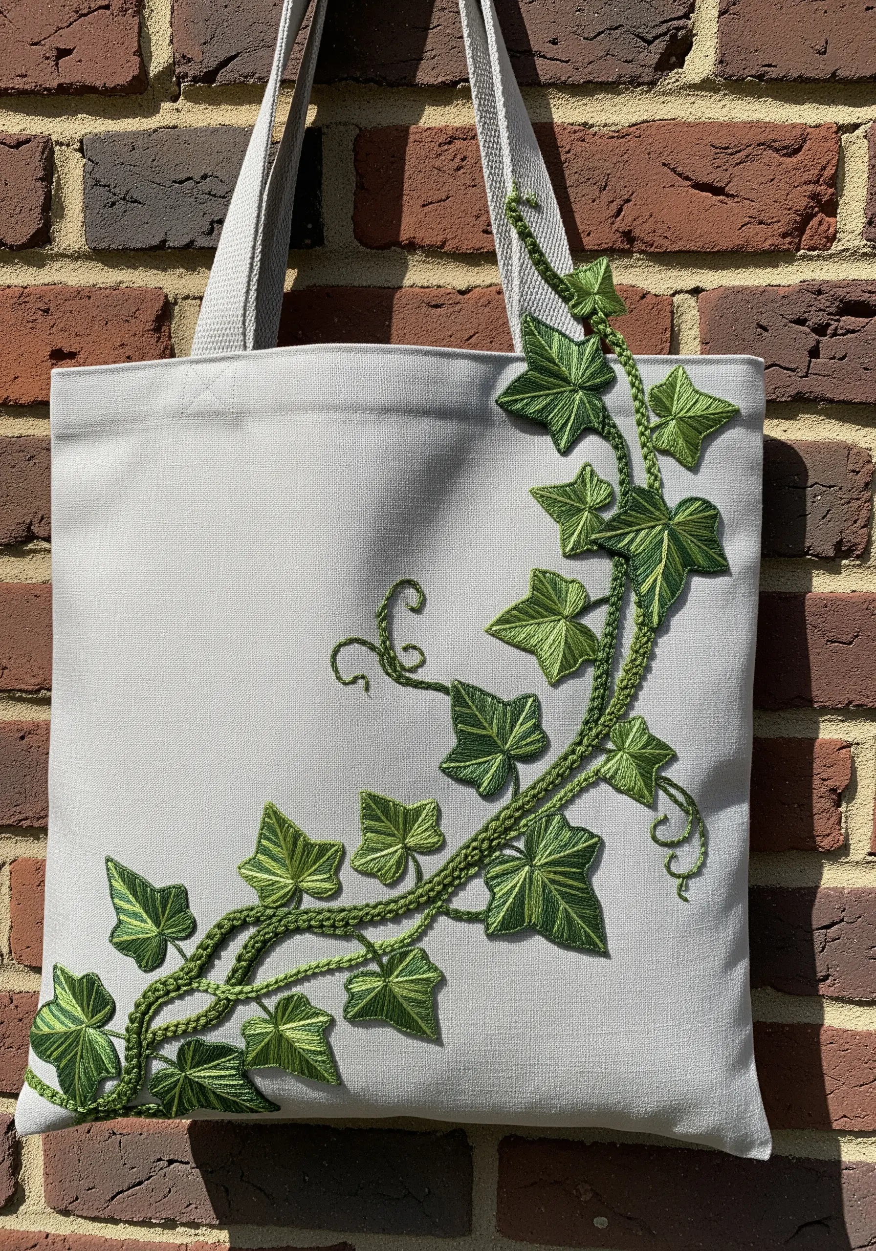 Climbing ivy with variegated green leaves embroidered on a light grey tote bag.
