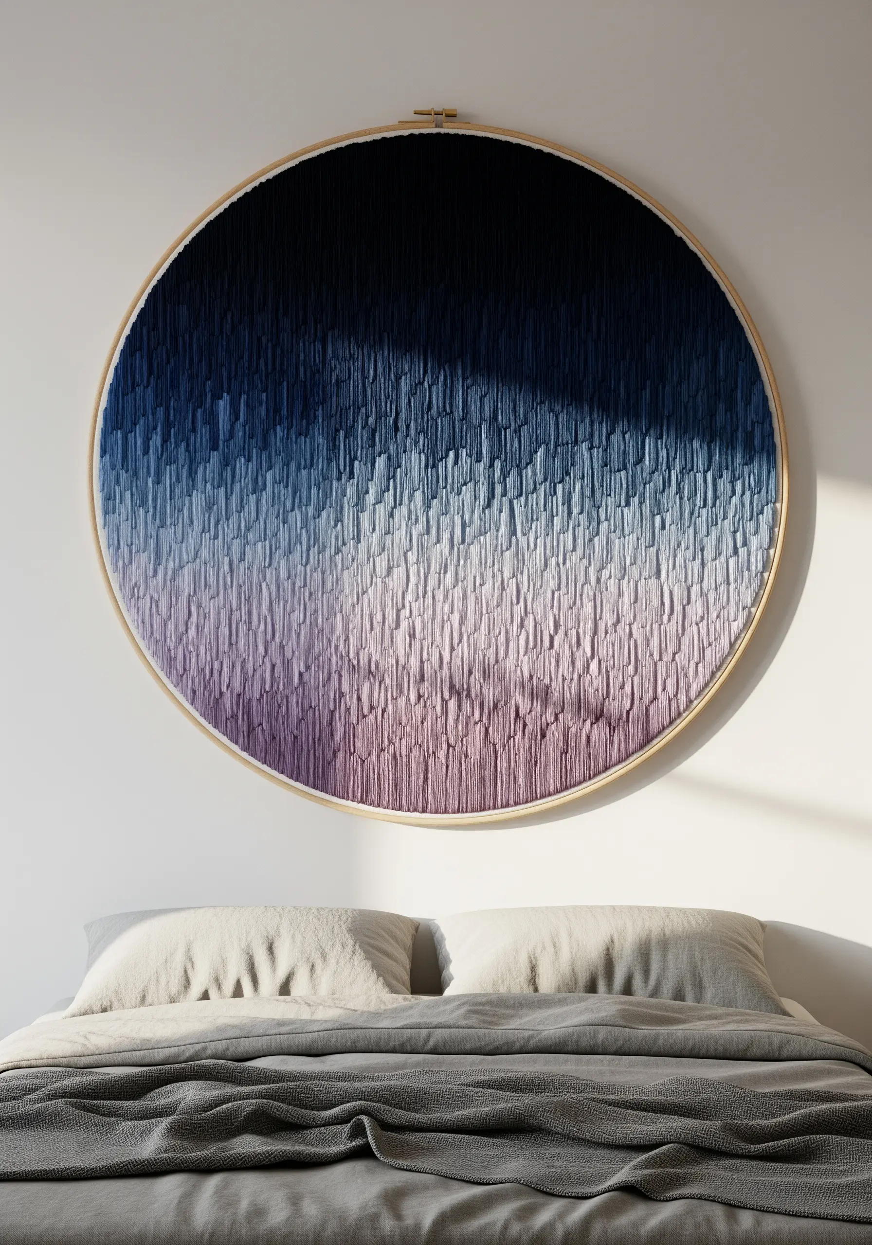 Large embroidery hoop with a vertical stitch gradient from dark blue to pinkish mauve.