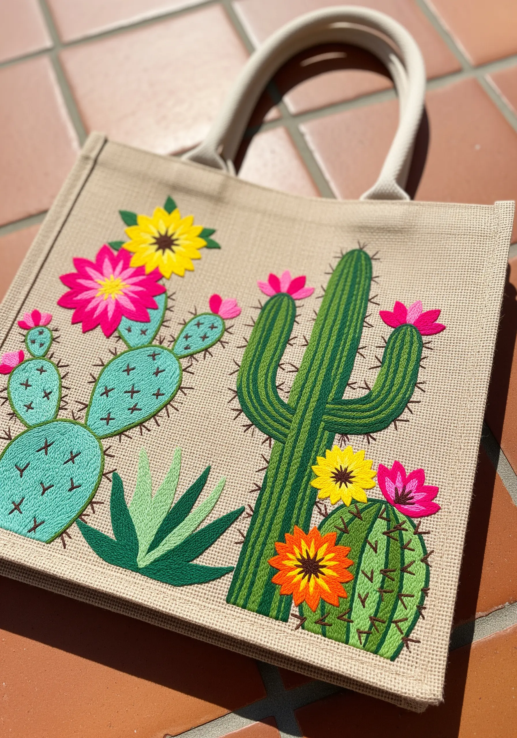 Brightly colored embroidered cacti and desert flowers on a natural jute tote bag.