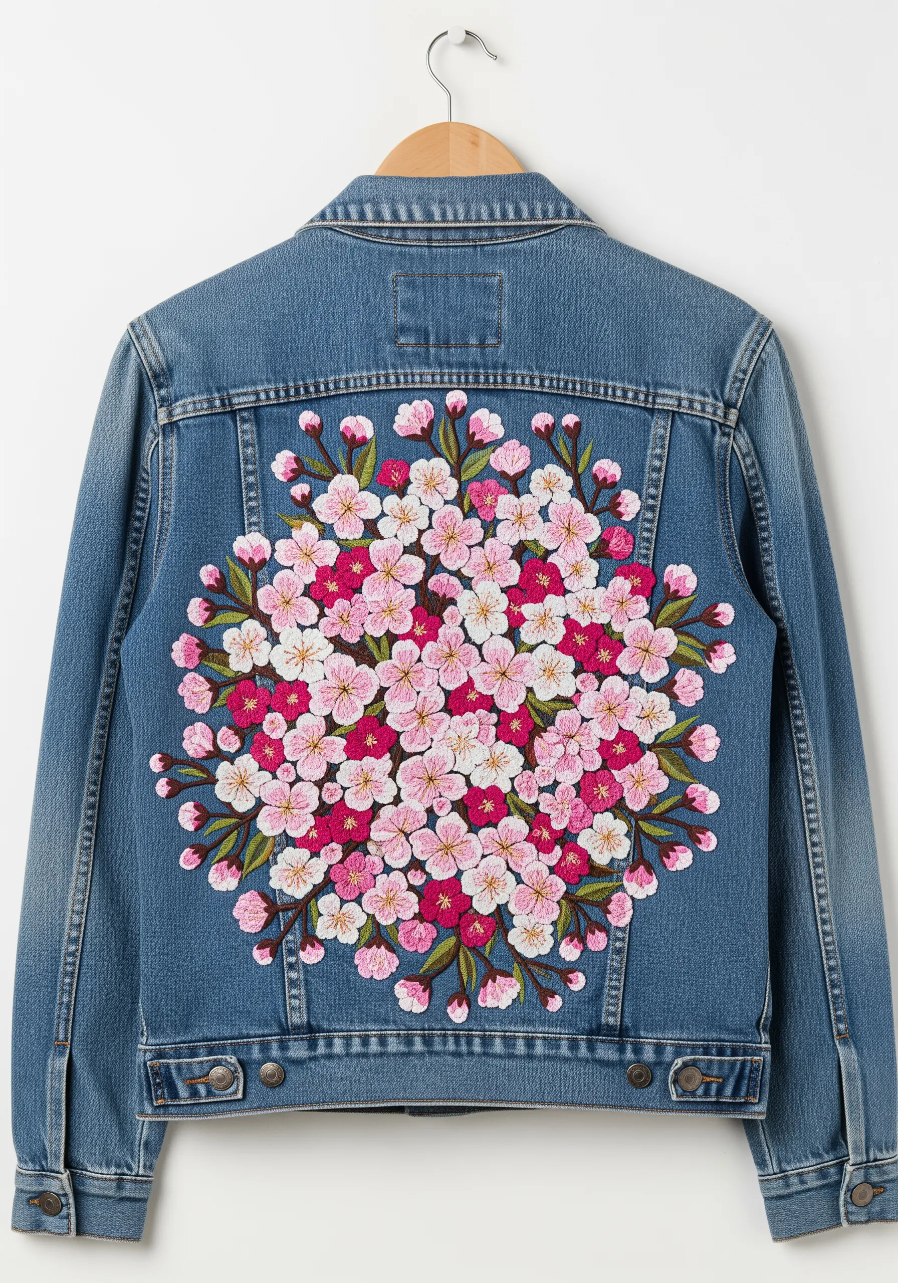 Dense satin stitch cherry blossom embroidery covering the back of a denim jacket.