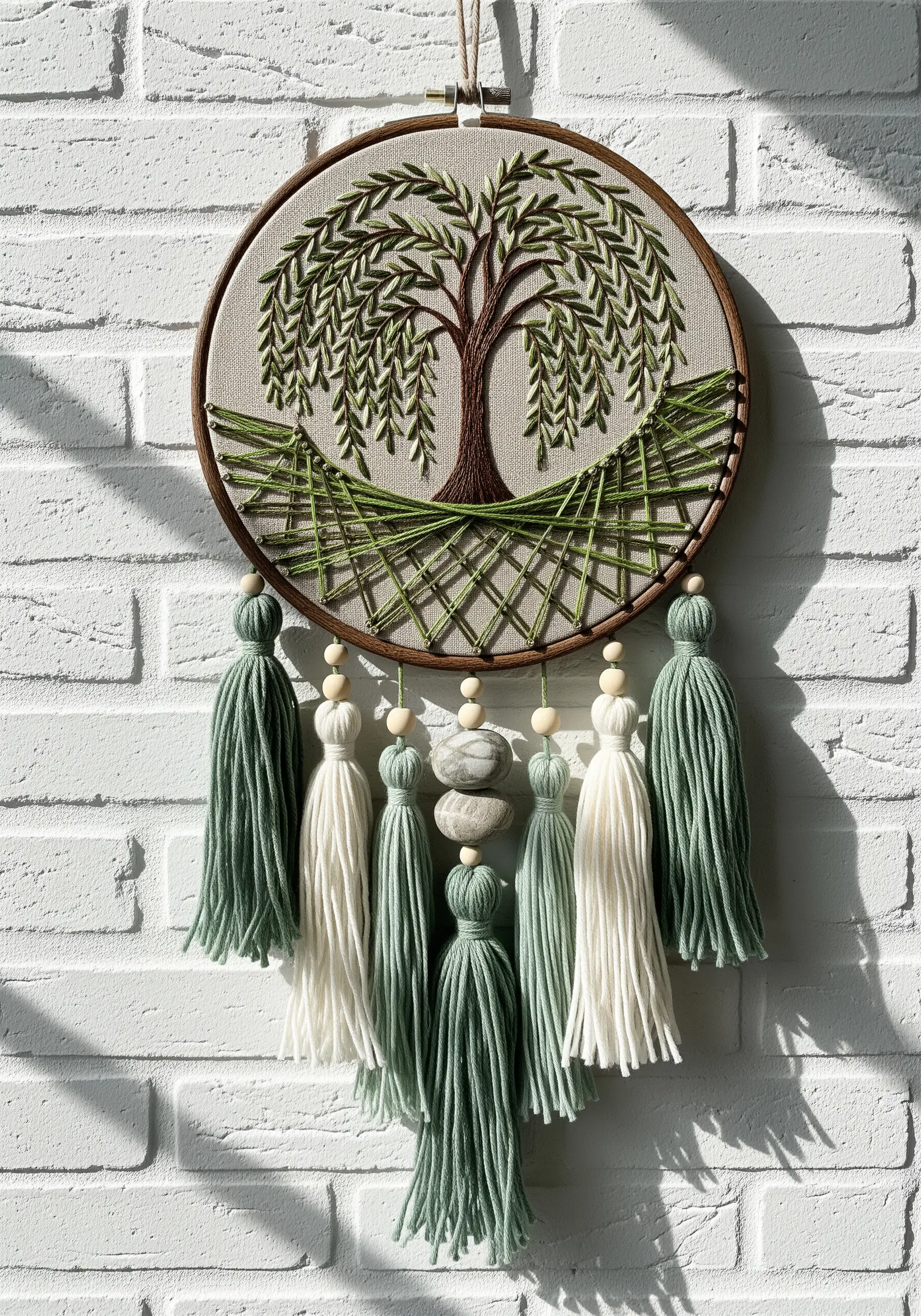 Embroidered willow tree dreamcatcher with green yarn tassels and stacked stones.