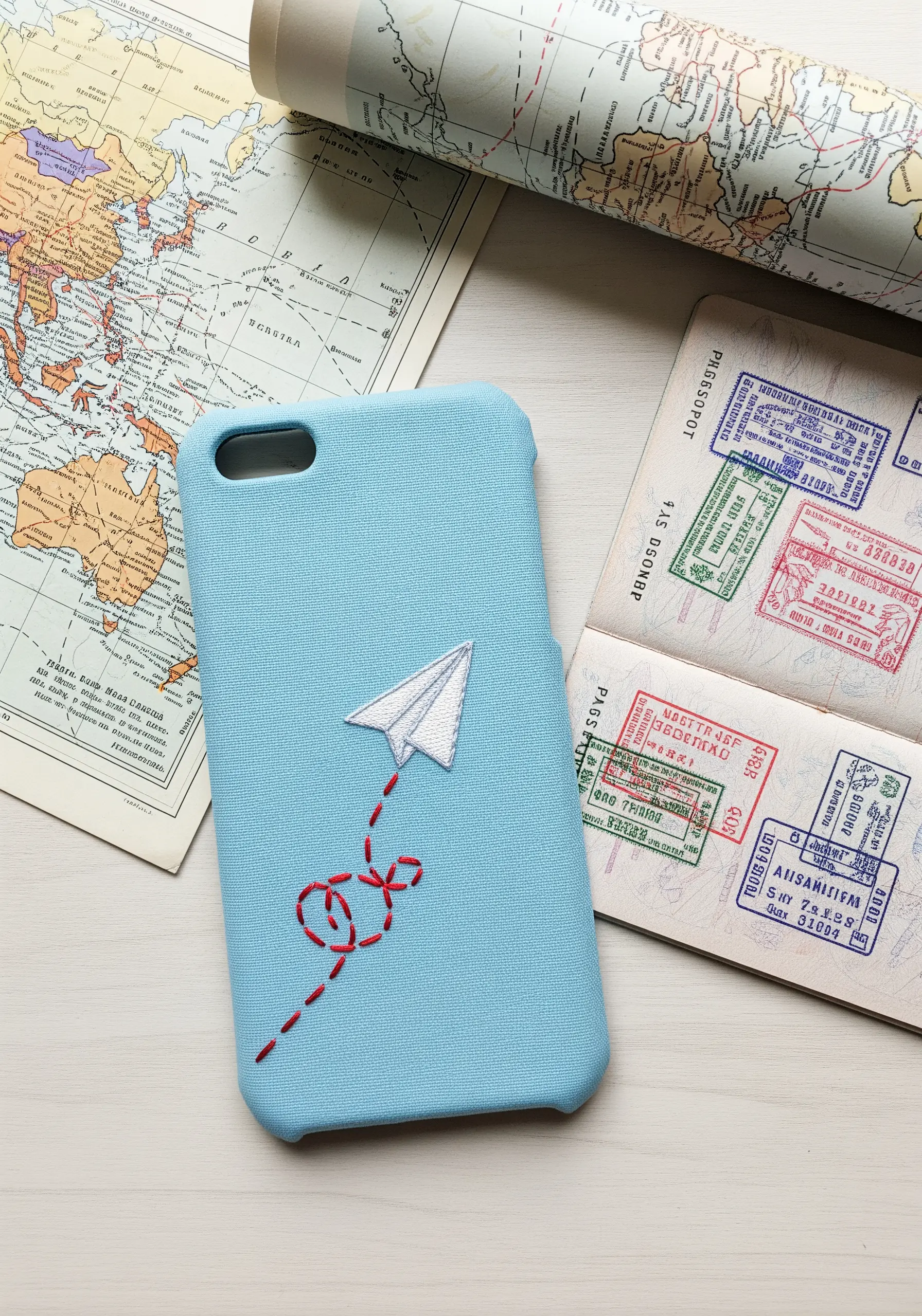 An embroidered white paper airplane with a red dashed-line flight path on a blue case.