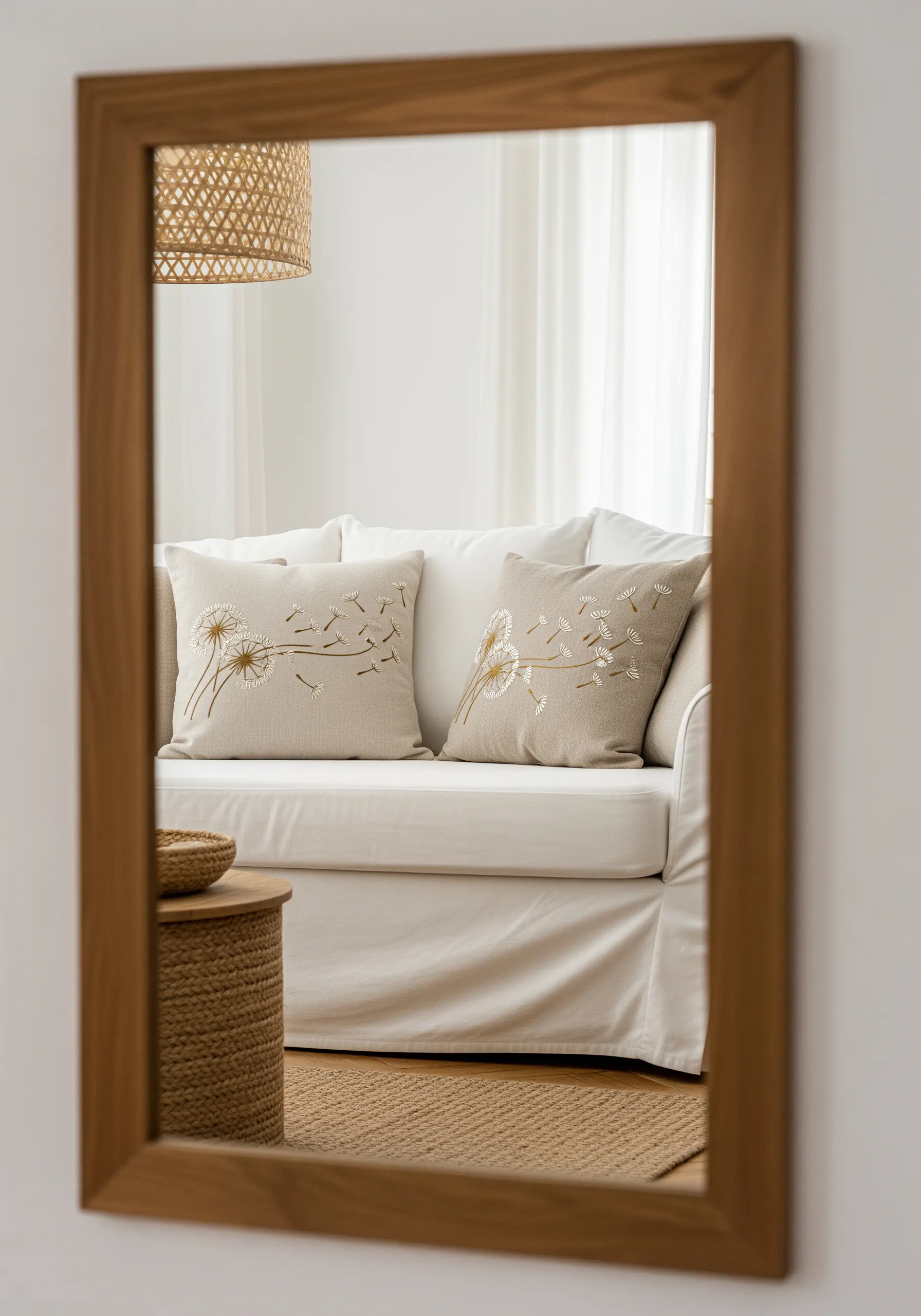 Dandelion clocks with floating seeds embroidered on linen cushions.