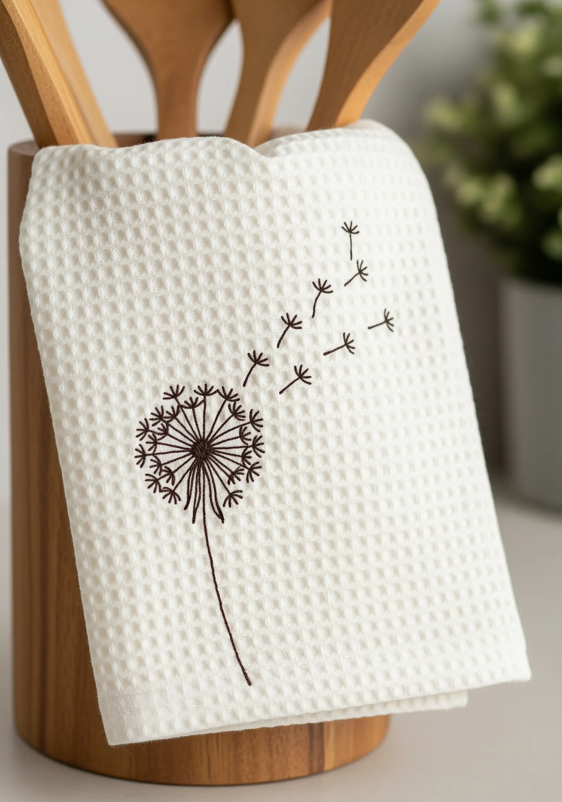A dandelion motif with seeds blowing in the wind, stitched on a white waffle towel.