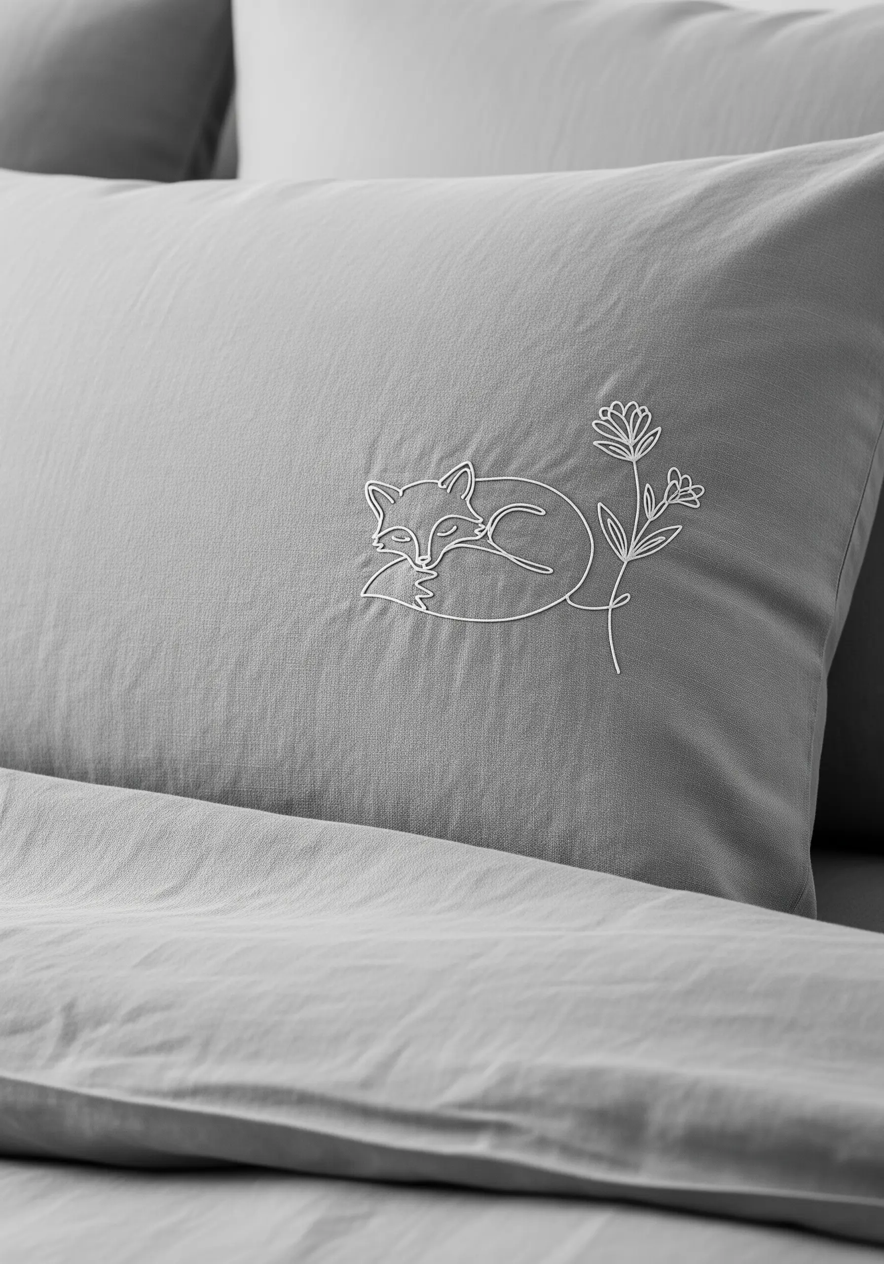 A sleeping fox and flower motif embroidered in white thread on a grey pillowcase.