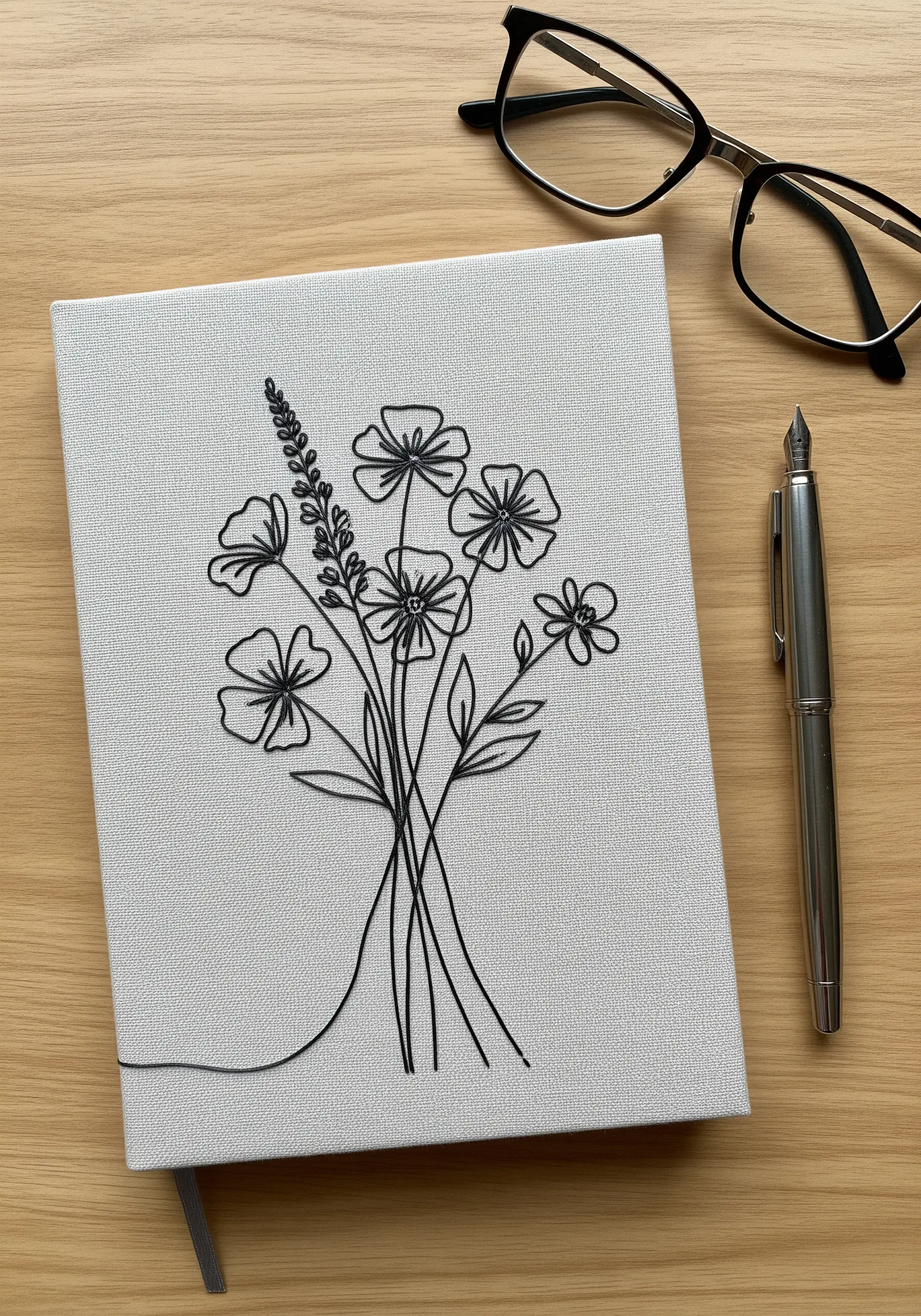 A delicate bouquet of wildflowers embroidered in black one-line style on a journal cover.