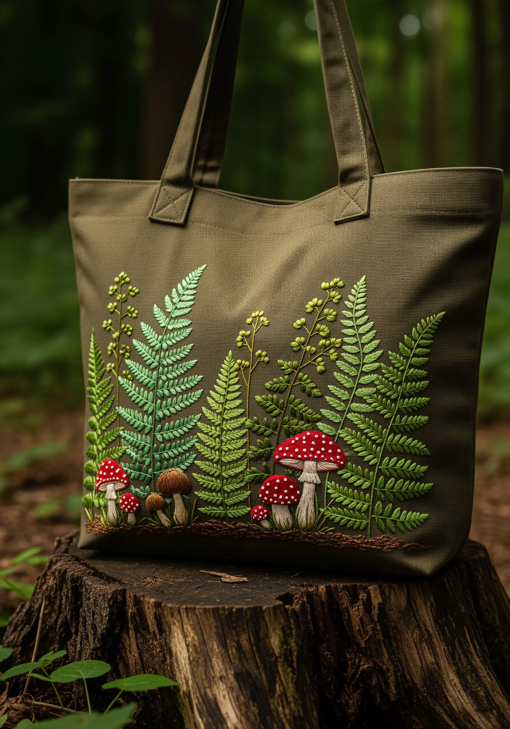 Embroidered ferns and red-capped mushrooms on an olive green tote bag.