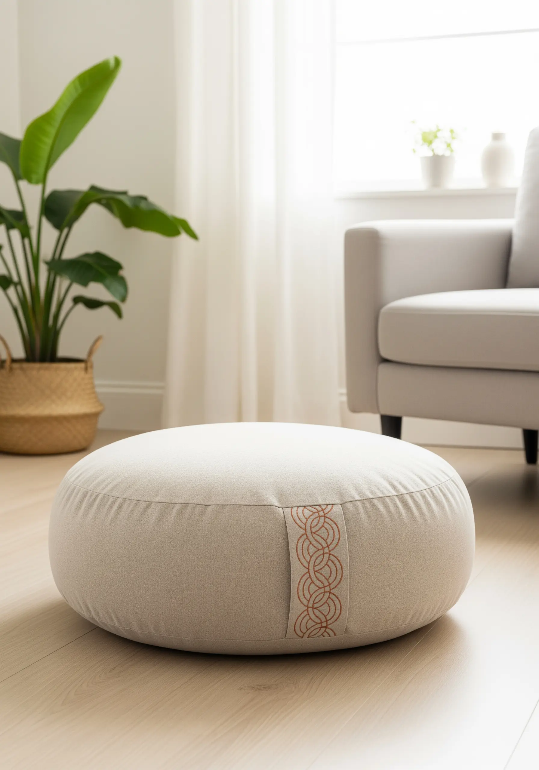 A decorative band of woven stitches in a rust color on a neutral round floor cushion.