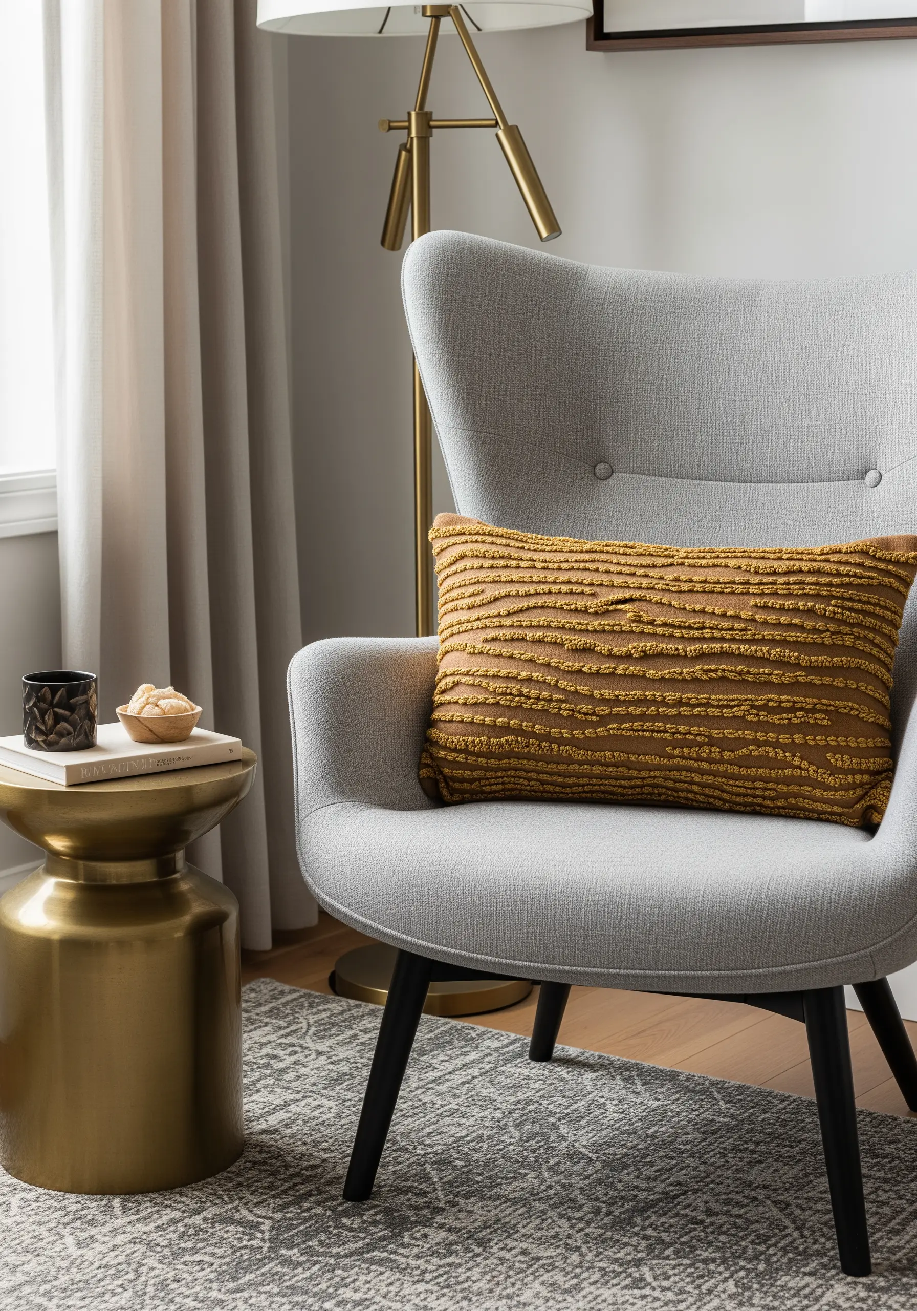 Horizontal bands of textured gold stitches on a lumbar cushion.