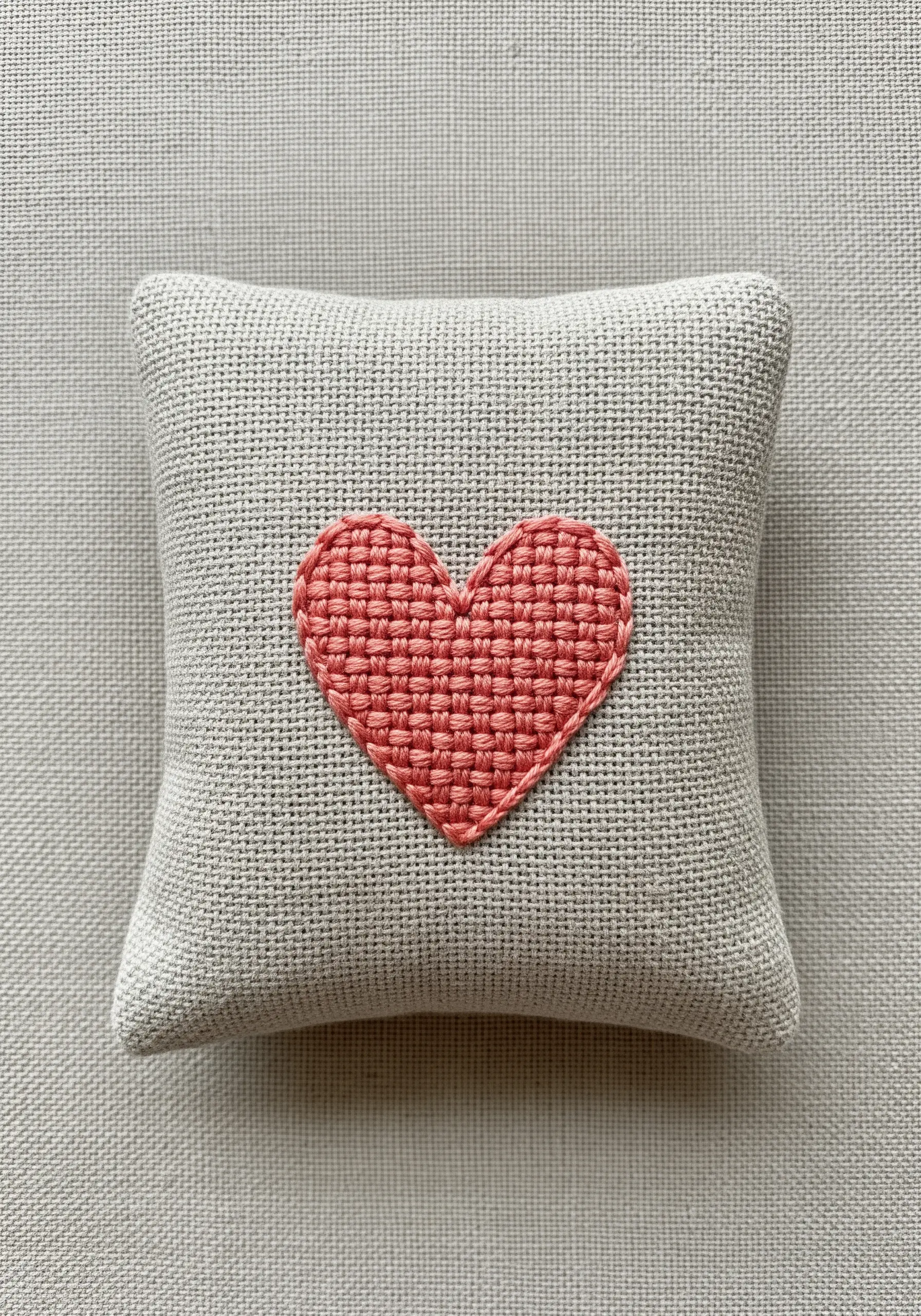 A pink heart filled with a basket weave stitch on a small linen pincushion.