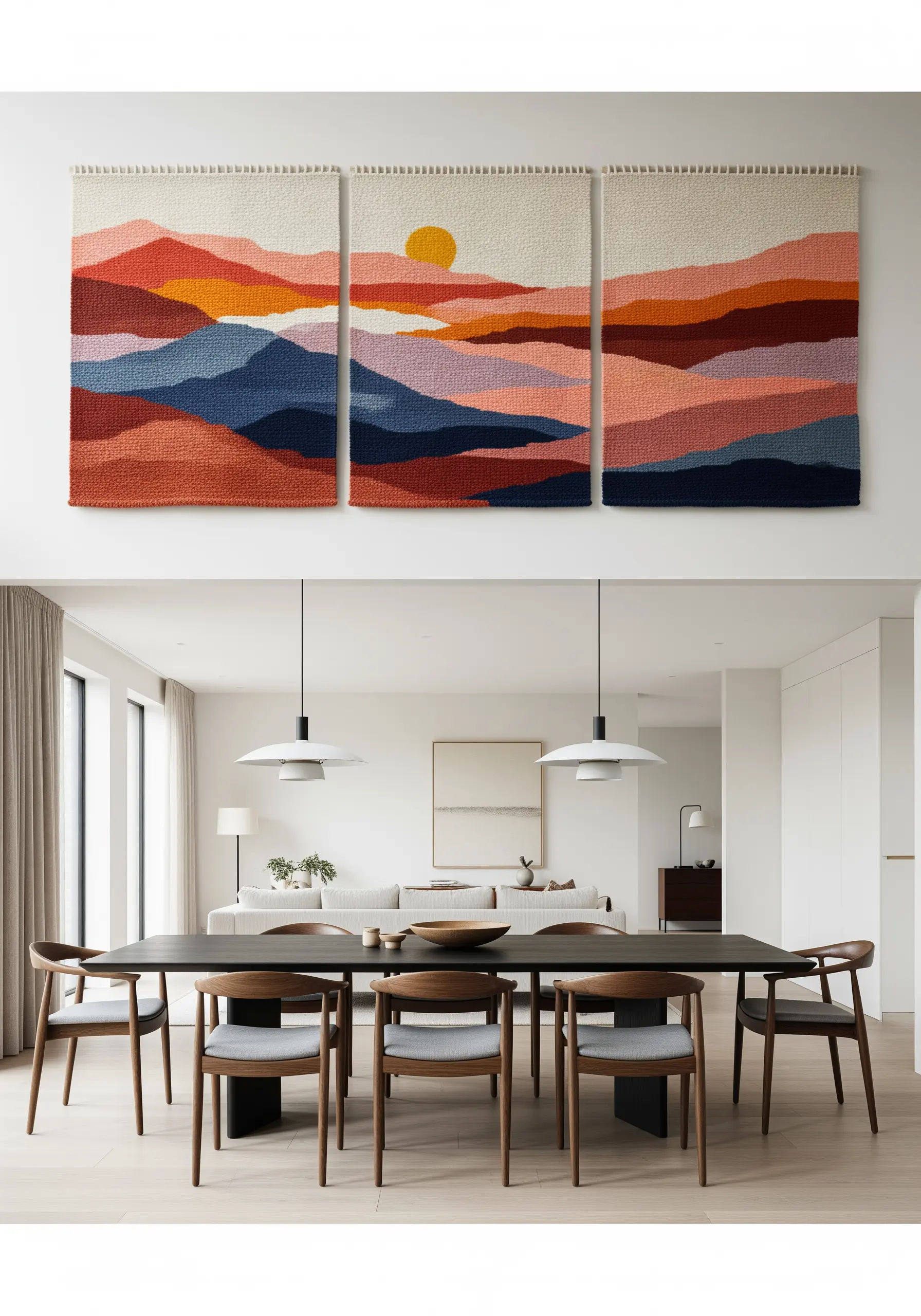 A three-panel woven tapestry depicting an abstract mountain landscape in warm and cool tones.