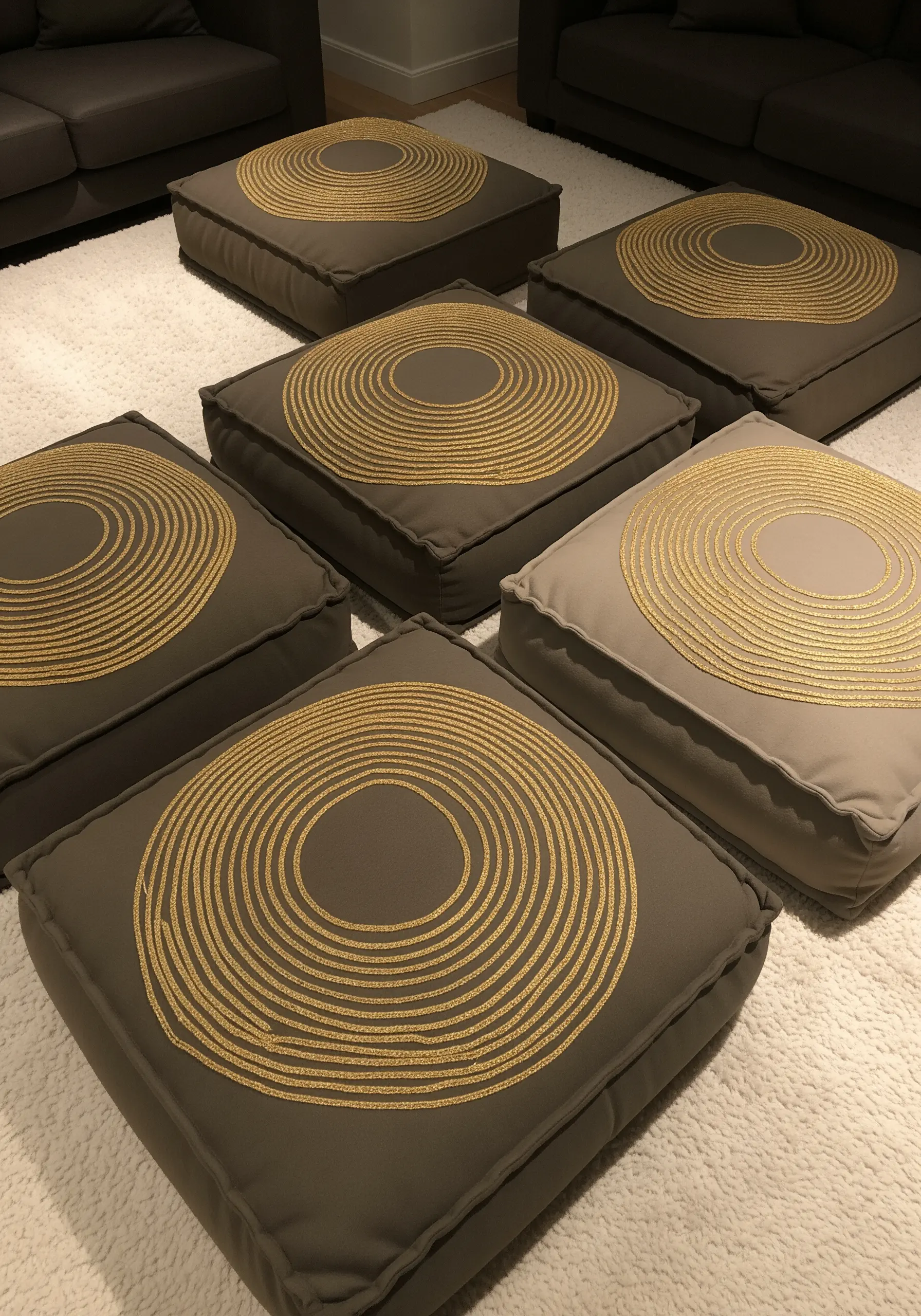 Gold concentric circles embroidered on dark grey floor cushions.